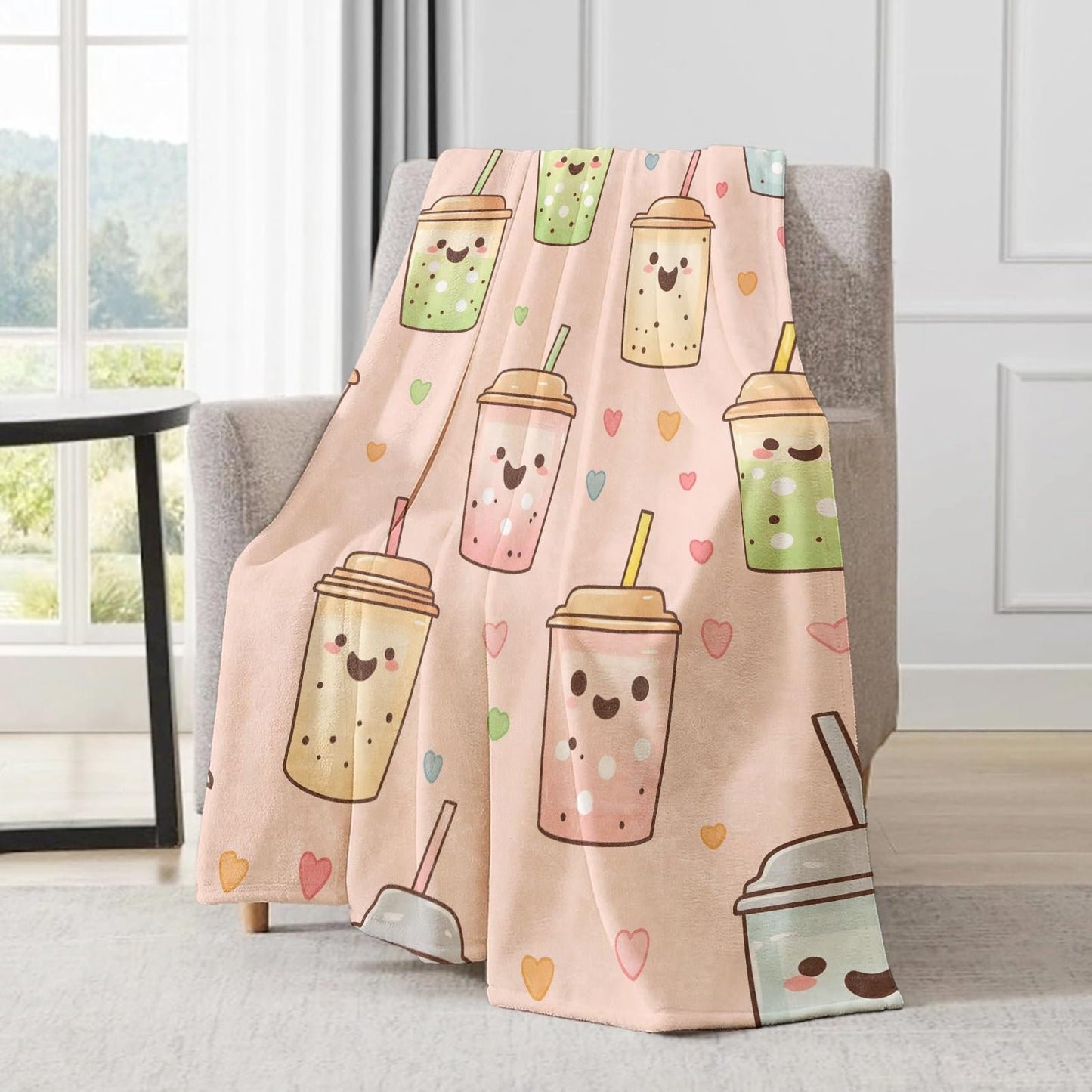 ainori Bubble Tea Blanket - Cute Smiling Faces and Hearts Pink Fleece Throw,Gifts for Kids Adult, Soft & Warm,Lightweight, for Whimsical Modern Decor, Bobas Lovers, and Room Home Accents 50x60in
