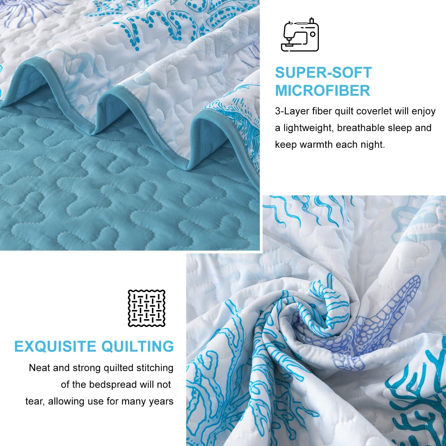DJY Ocean Coastal Quilt Sets Queen Size,Reversible Microfiber Quilts with 2 Shams Soft Lightweight Beach Bedding Green Nautical Bedspread Coverlet Summer Comforter Set for All Season,96"x90"