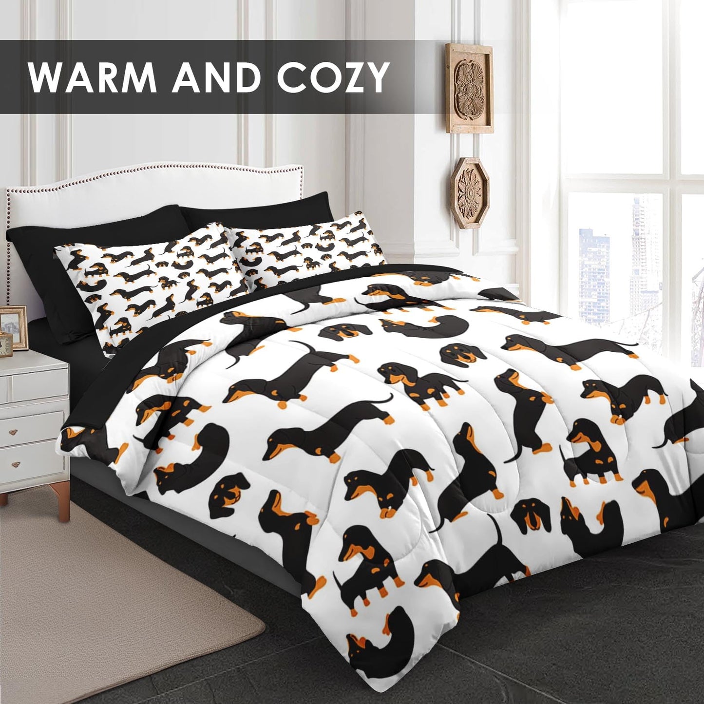 Pamnest Comforter Set Full Size, Dog Family Animal 7 Pcs Bedding for Kids and Adults, Happy Cute Dachshund Bed Sheet Sets with Fitted Sheet 2 Pillowcases & 2 Shams for Bedroom Bed Decor