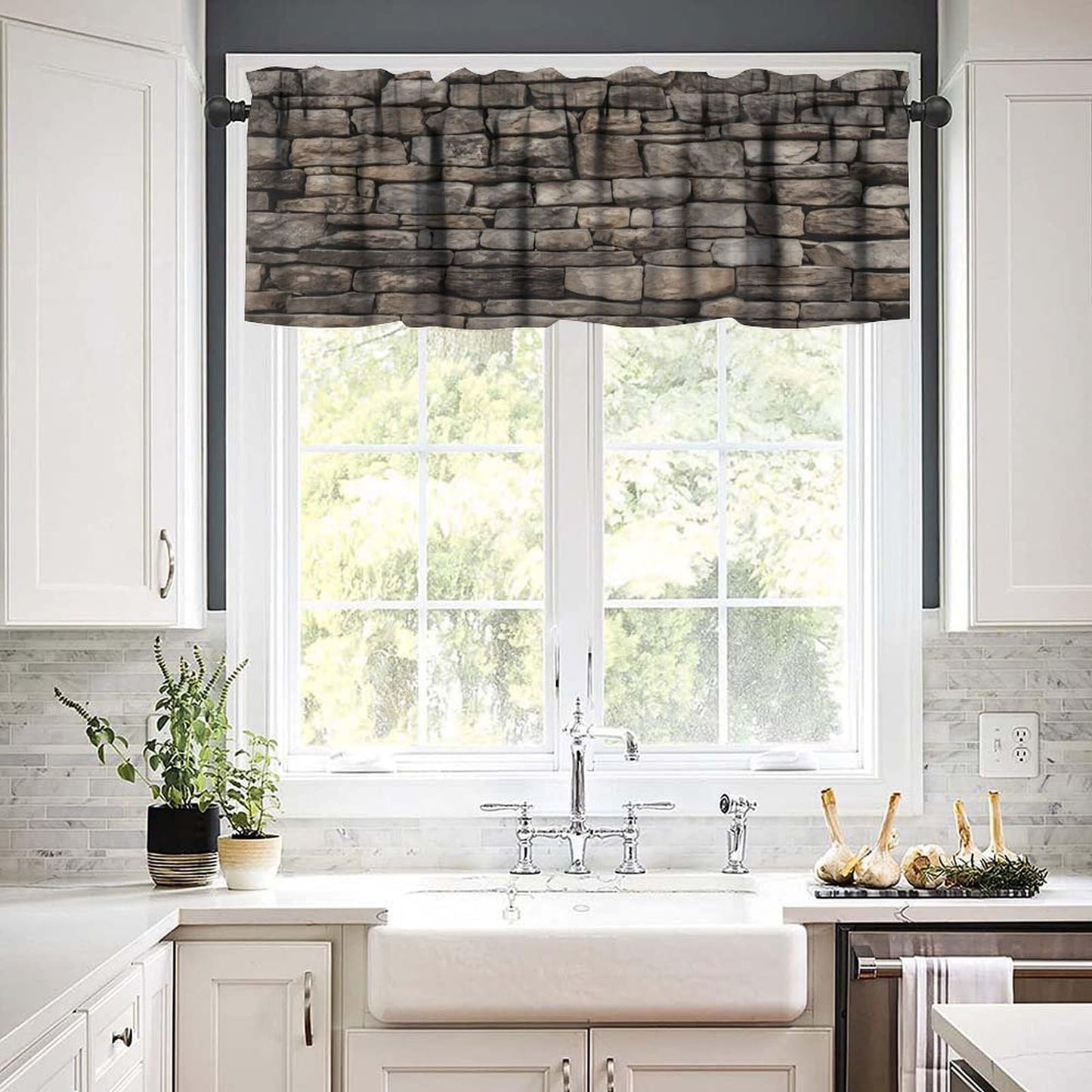 LOMADIA Retro Stone Brick Wall Kitchen Valance Curtain,Rocks Stone Wall Nature Scenery Rod Pocket Drapes Treatments Window Curtains for Living Room Office Cafe Bedroom Decor 54" W x 18" L (Pack of 1)