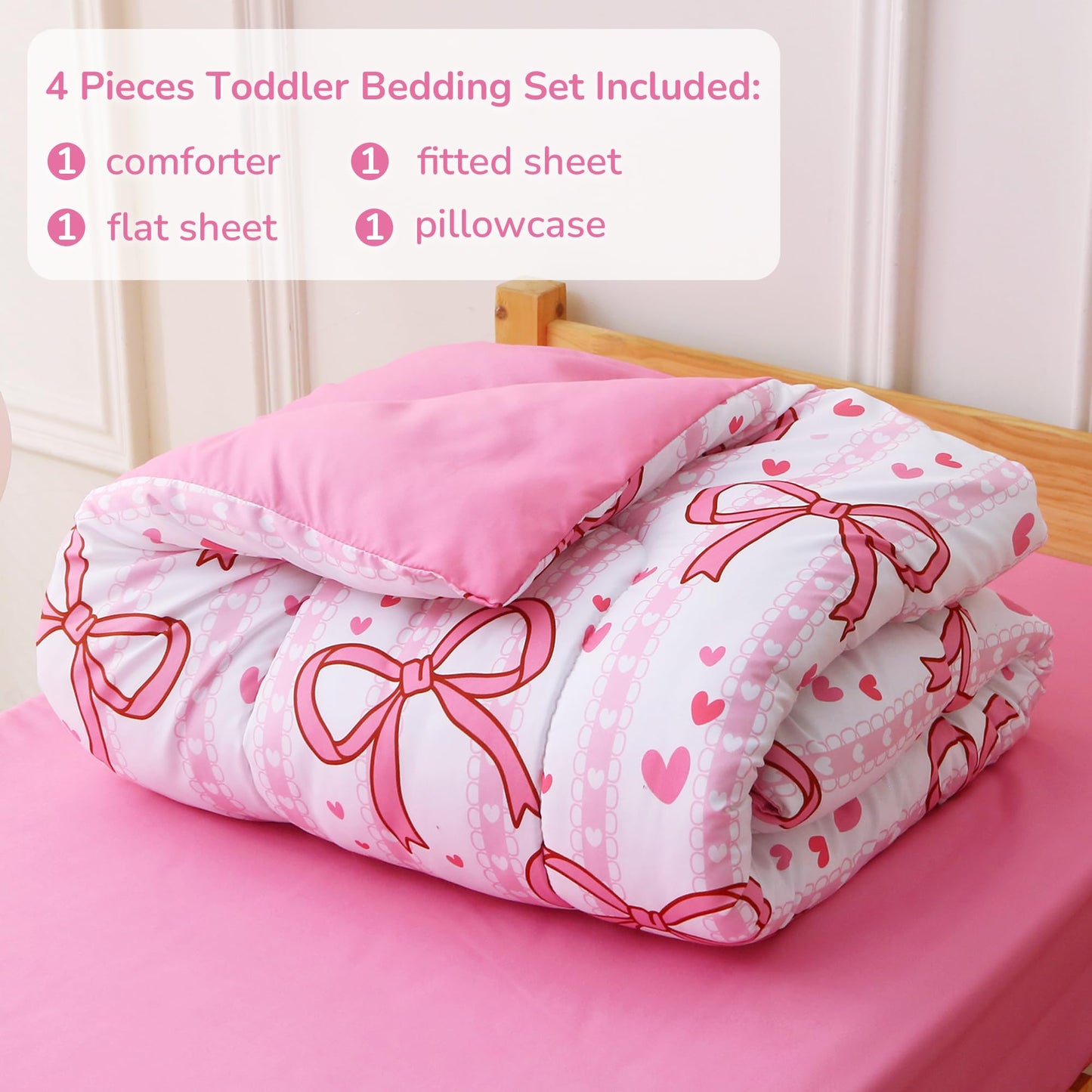 Viviland Pink Bow Toddler Comforter Sets, Cute Girls Toddler Bedding Set, Soft Microfiber Pink Toddler Bed Set