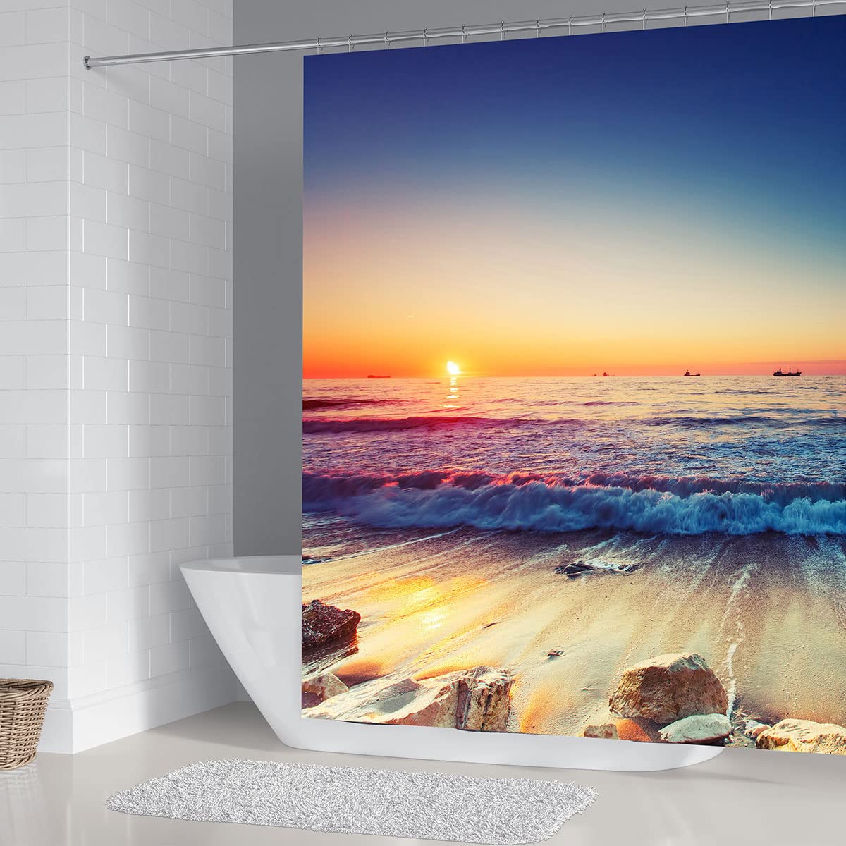 DDS-DUDES Beach Sunset Shower Curtain for Bathroom, Ocean Sunrise Red Blue Sky Scenery Waterproof Polyester Curtains with Hooks Non-Slip Mat 71WX71H Inch(Sunset 3)