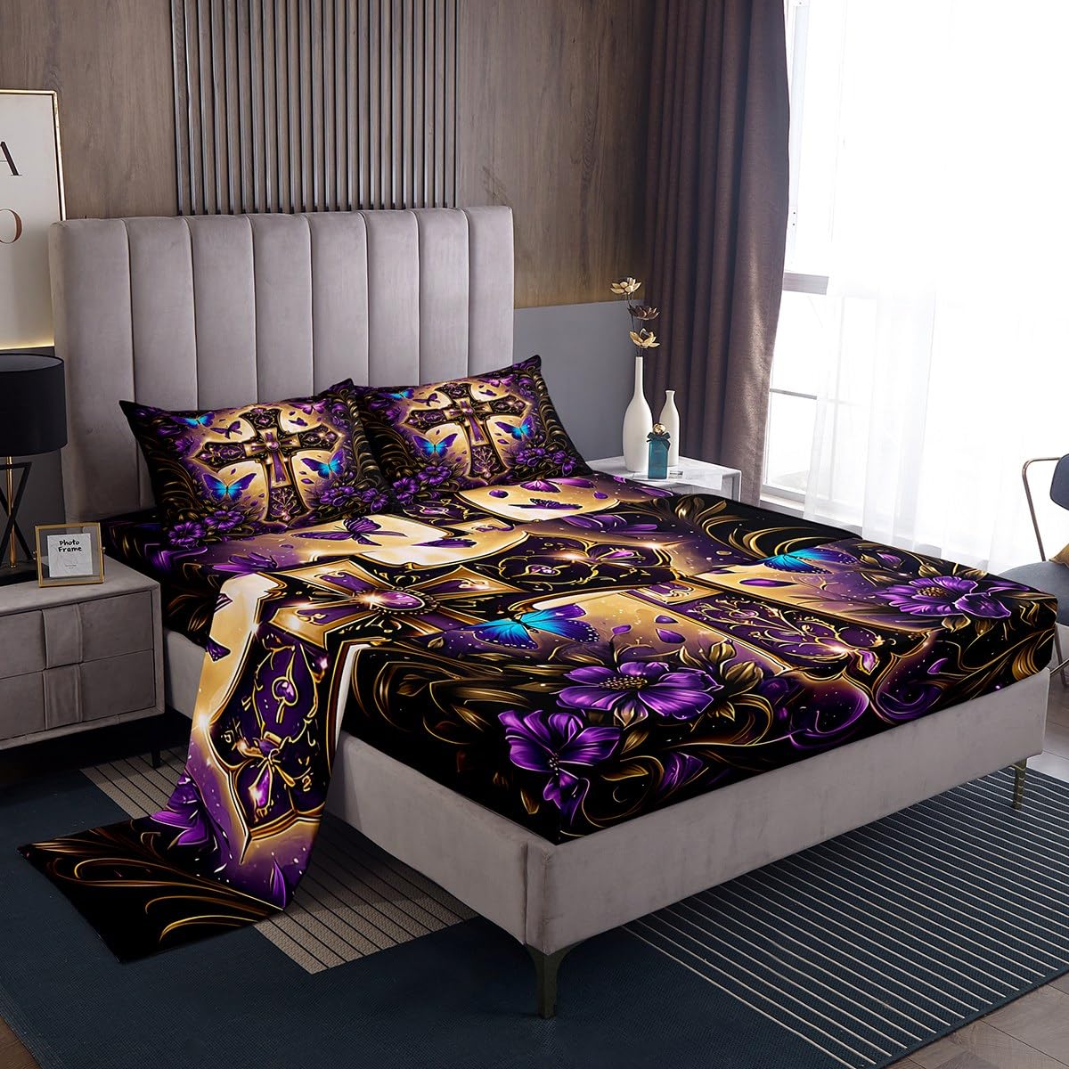 Erosebridal The Cross Theme Flat Fitted Sheet Full Patriotic Style Bedding Sets Butterfly Floral Bed Sheets Set for Men Women Adult,Purple Flower Bedding Sets for Bedroom Decor with 2 Pillow Cases