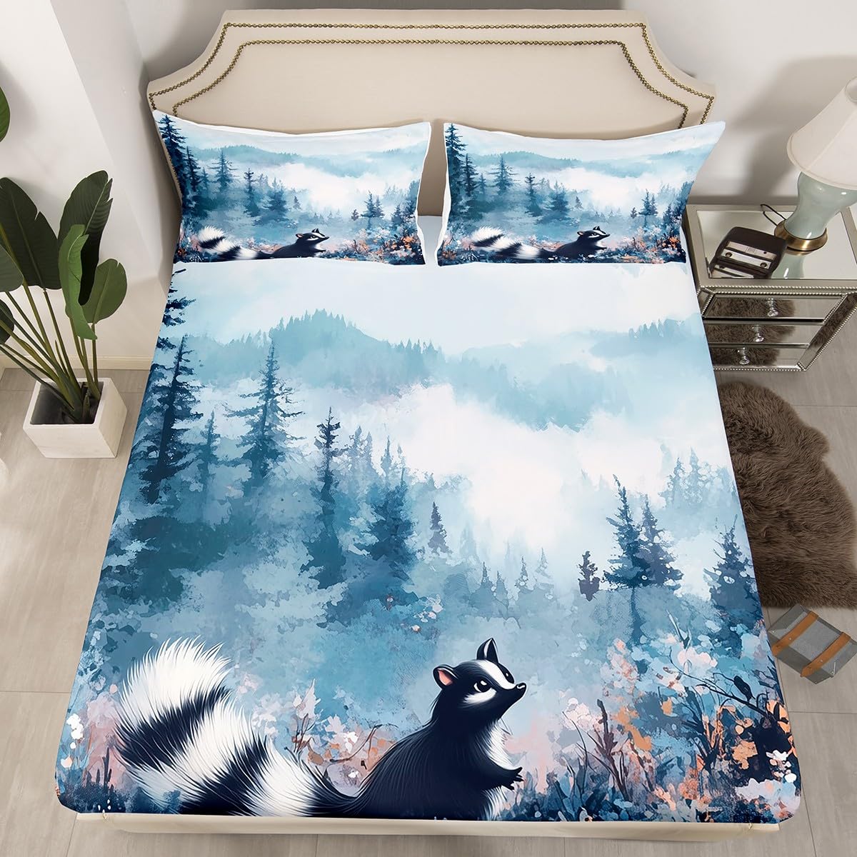 Erosebridal Kids Skunk Fitted Sheet Queen Size, Cute Wild Animals Bed Sheets Smoky Mountain Bedding Set for Boys Girls Teens Adult Women Bedroom, Farmhouse Flower Wildlife Sheets