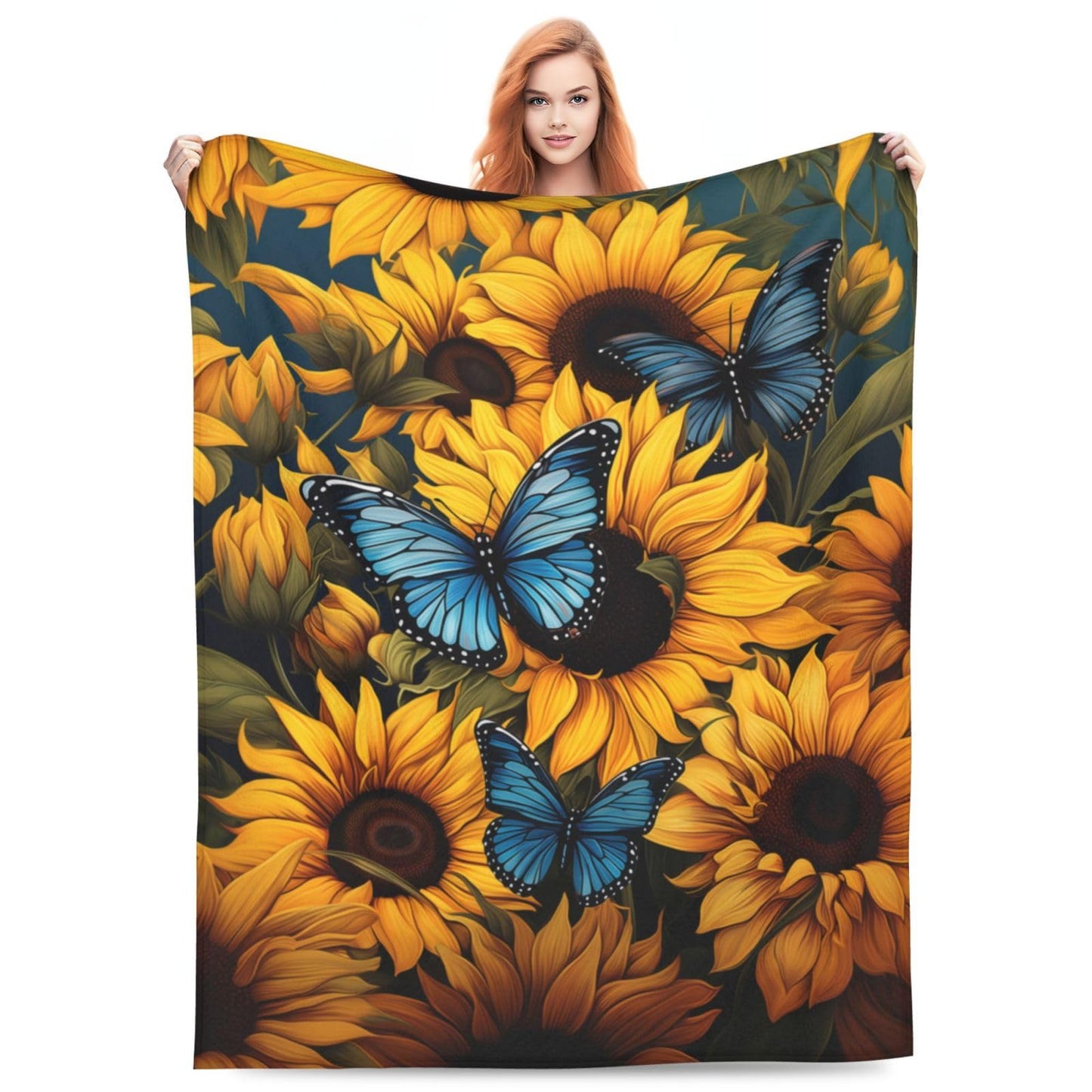 amepay Sunflower Blue Butterfly Blanket Gifts for Grils Women Floral Flannel Throw Blankets for Home Couch Bed Sofa Soft Fuzzy Lightweight Decor All Season 60x50 Inches