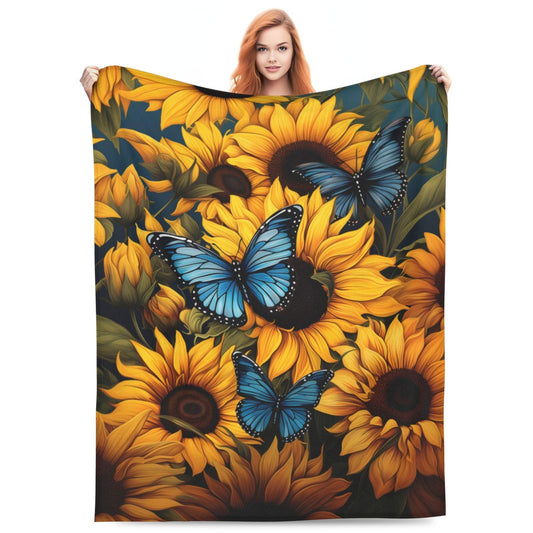 amepay Sunflower Blue Butterfly Blanket Gifts for Grils Women Floral Flannel Throw Blankets for Home Couch Bed Sofa Soft Fuzzy Lightweight Decor All Season 60x50 Inches