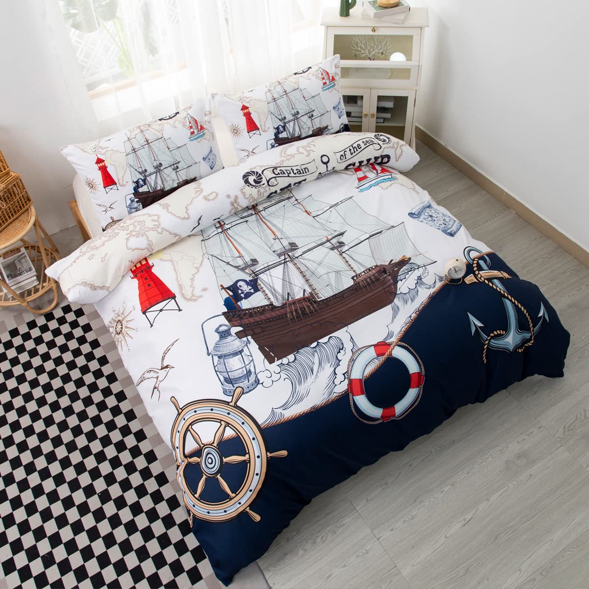 CVHOUSE Nautical Bedding Set King Size,Nautical Sailboat Bed for Boys Teens,Ocean Themed Sailing Anchor Comforter Cover Soft,Anchor Duvet Quilt King 90'x102'