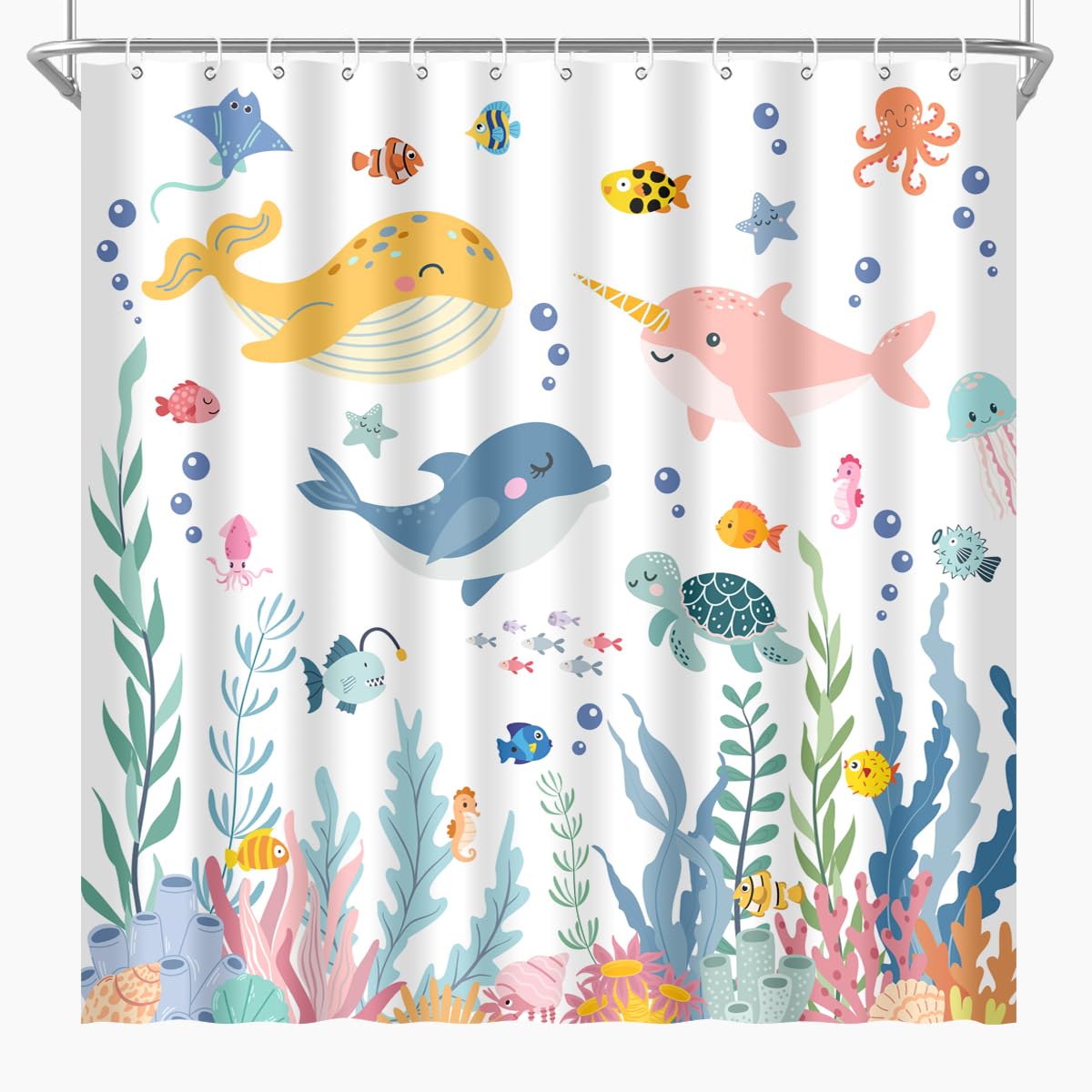 BIYSUC Kids Ocean Shower Curtain Cartoon Sea Turtle Whale Dolphin Fish Corals Underwater World for Boys Girls Bathroom Decor Waterproof Polyester Fabric 72Lx72W Inch with 12PCS Plastic Hooks