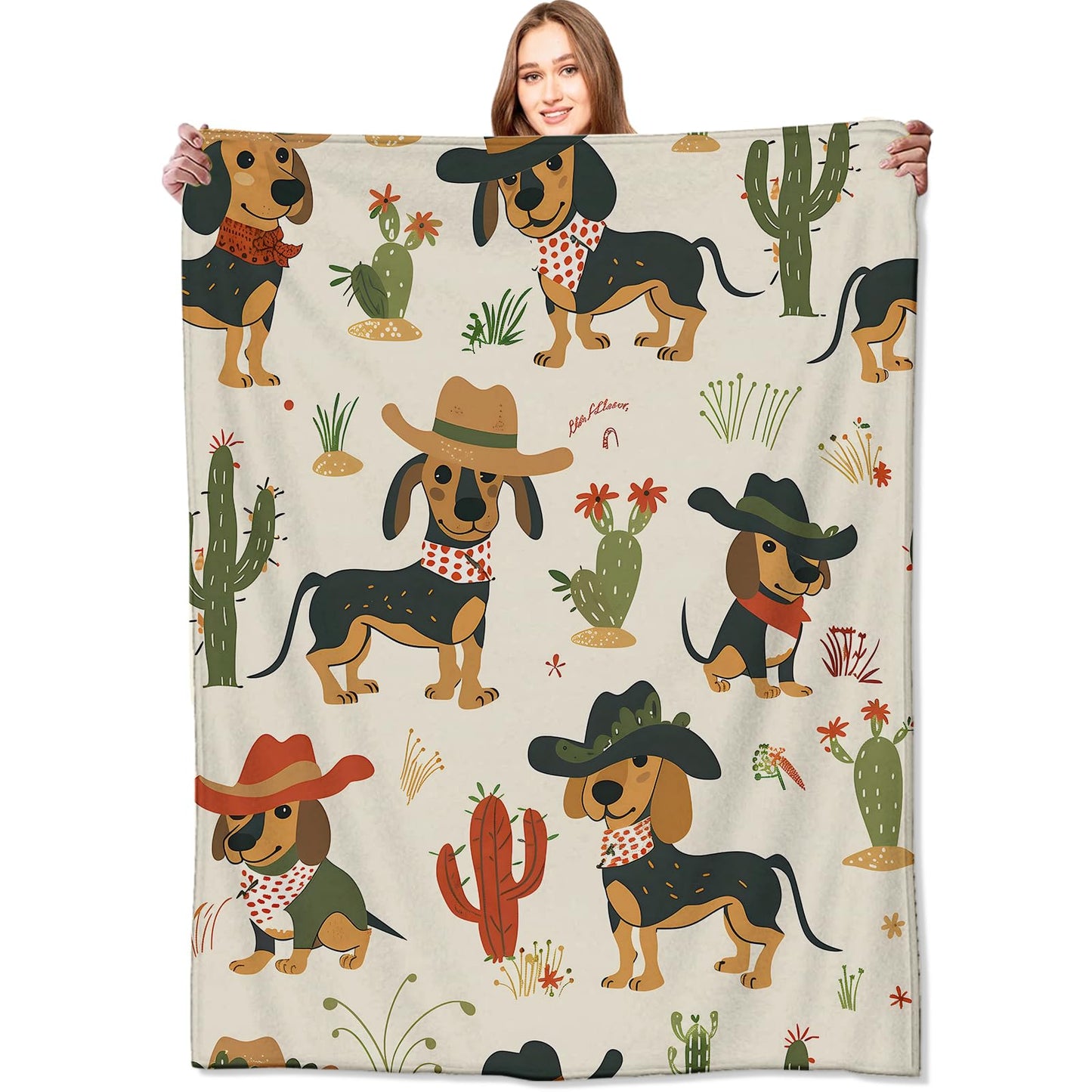 VODRM Cowboy Dachshund Blanket Retro Cute Western and Cactus Throw Blankets,Birthday Gifts for Kids Adult & Dog Lovers,Lightweight Soft Fleece Cozy for Sofa Couch Bed Room Boho Decor 50x60in