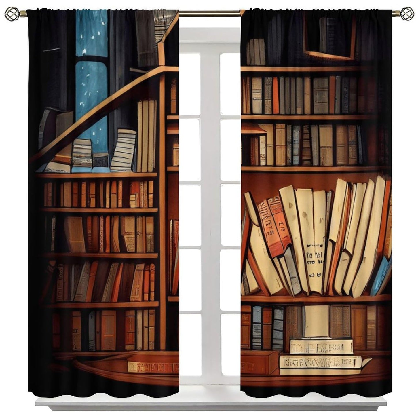 Nsbul Library Bookshelf Blakout Curtains Vintage Bookcase Retro Bookshelf Room Curtains Window Drapes for Bedroom Living Room, 42" W X 45" L (No Blackout)