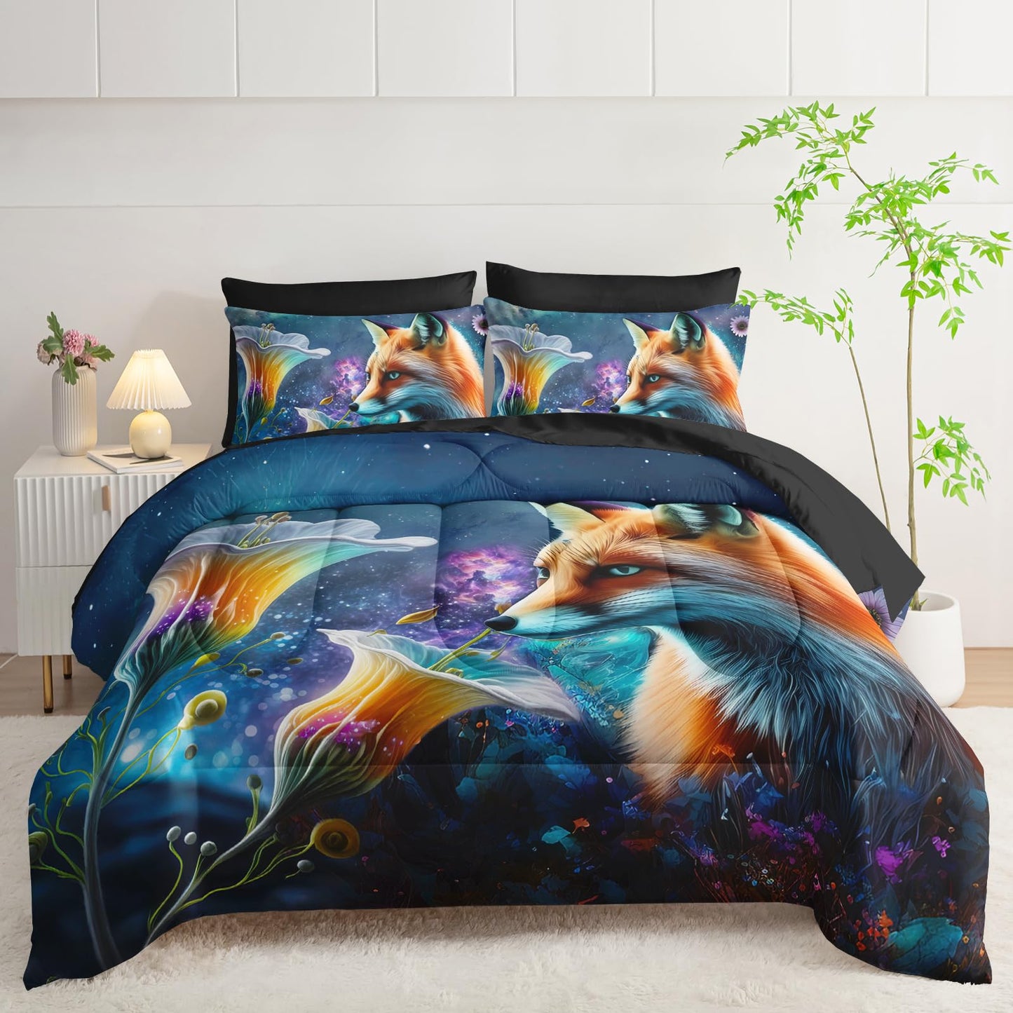 AILONEN Cute Fox Comforter Set Full 7-Piece Galaxy Flower Fox Bed in a Bag for Kids Boys,Soft Comforter & Fitted Sheet with Flat Sheet,2 Pillowcases,2 Pillow Shams