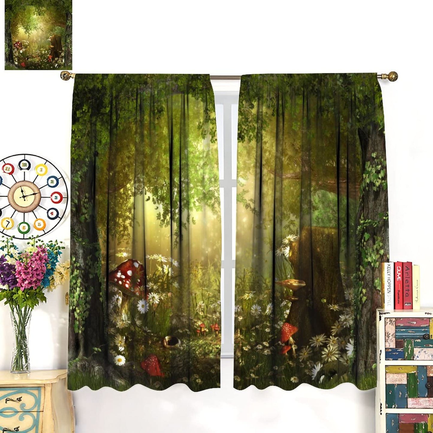 Dream Forest Curtains Beautiful and Charming Fairy Tale Lush Forest Land Mushroom Stumps Flowers Suitable for Kitchen Blackout Window Drapes Decoration 2 Panels Green 42x45 Inch