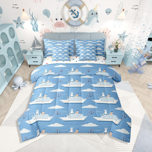 Erosebridal Boys Nautical Sailboat 7 Pieces Bedding Set Twin, Ocean Ship Comforter Set with Sheets, Boat Anchor Bed in A Bag, White Cloud Blue Sky Nautical Bed Sets for Kids Teens Youth Men Bedroom