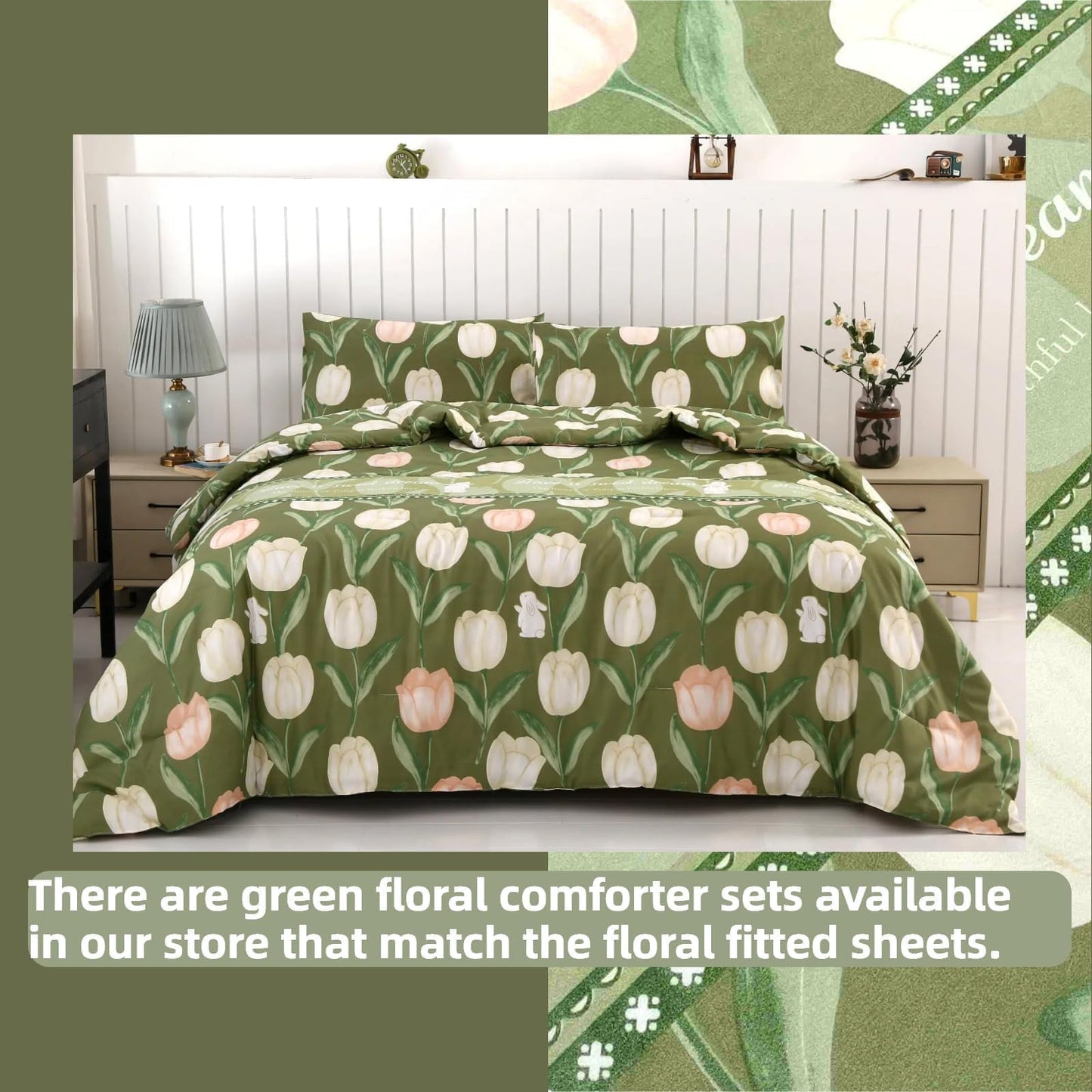 SDIII Green Floral Full Fitted Sheet with 2 Pillowcases, Deep Pocket Soft Microfiber Floral and Rabbit Sheet Full Size All Season
