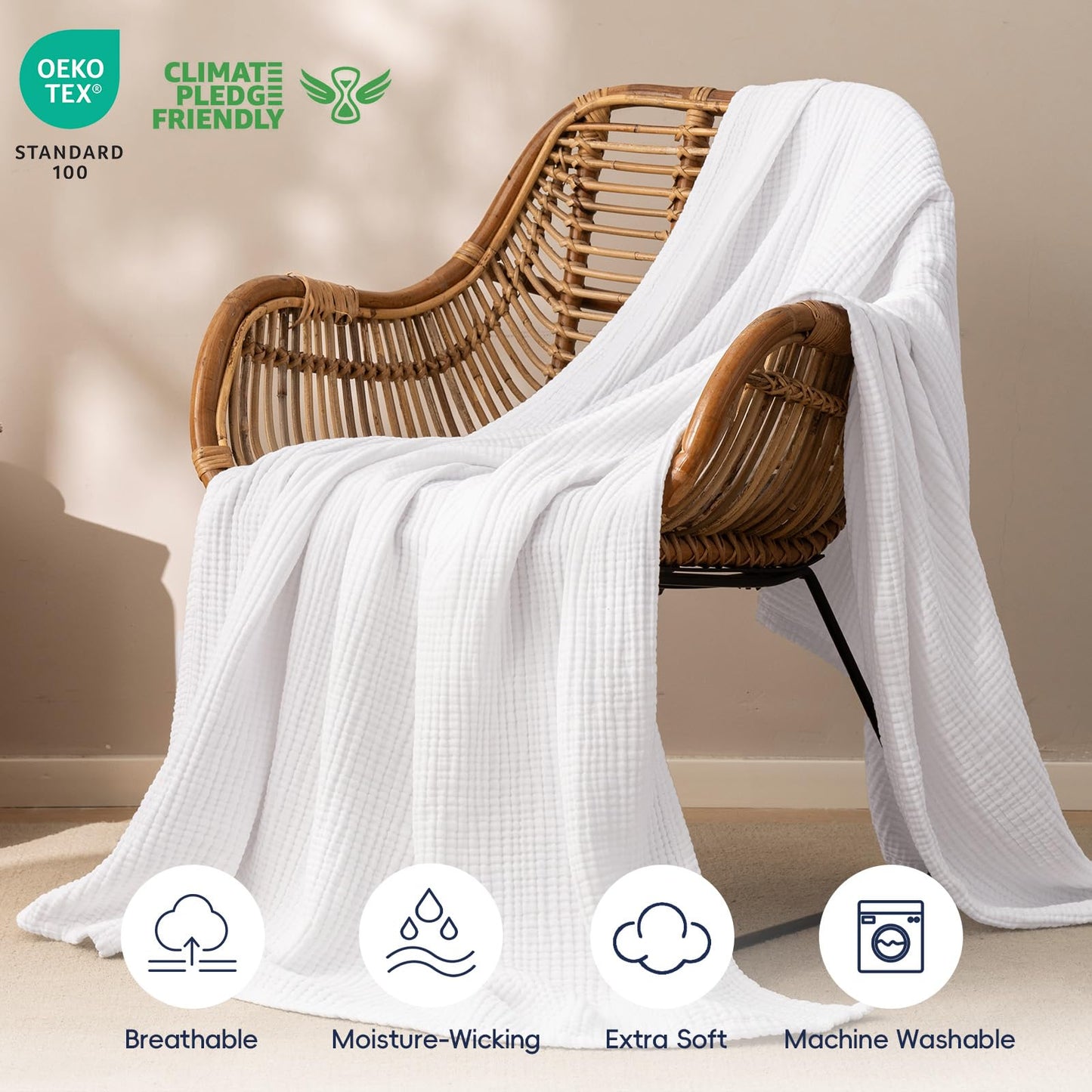 PHF 100% Cotton Muslin Throw Blanket 50" x 60", 4-Layer Lightweight Gauze Throw, Breathable Cloud-Soft Minimalist Blanket for Bed, Couch, Camping & Baby, White, Ideal Gift