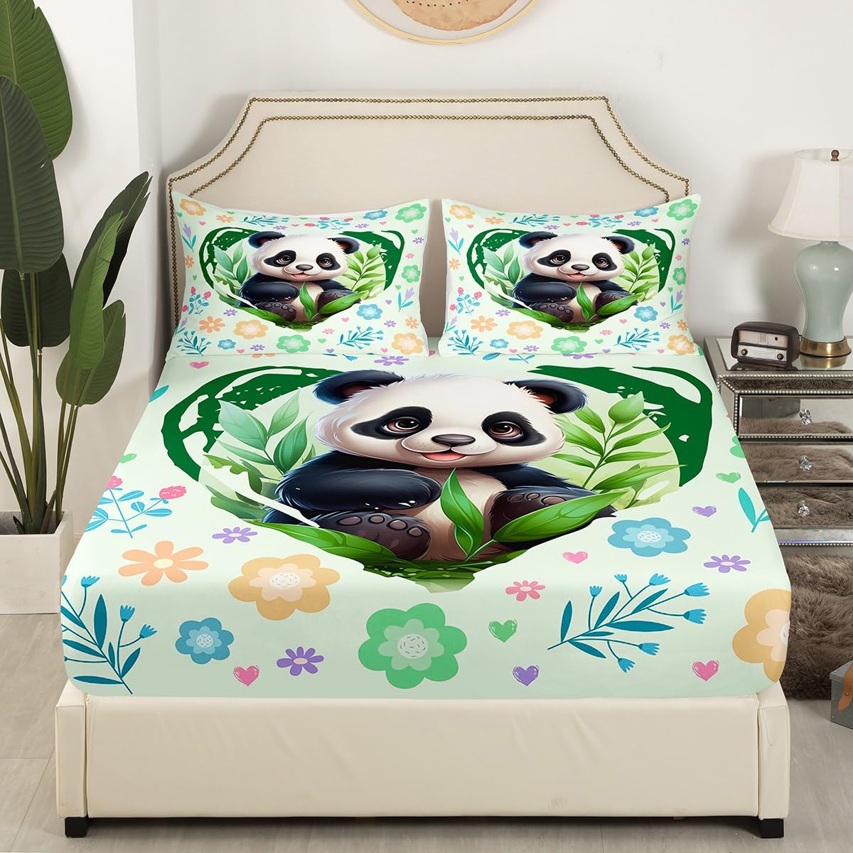 Manfei Kawaii Panda Bed Sheet Set Twin Size,Cute Wild Animal Bamboo Sheet Set,Green Love Heart Flowers Leaves Graffiti Bedding Decor Set with 1 Flat & 1 Fitted Sheet with 1 Pillow Sham