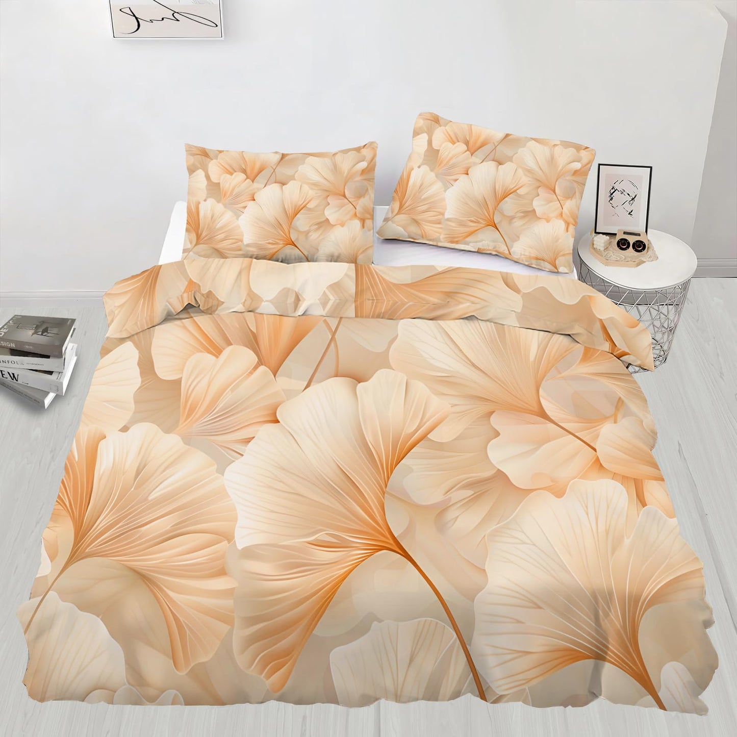 ZAMODE Leaf Duvet Cover Full Size, Luxury Flowers Leaf Comforter Cover 80" x 90" & 2 Pillowcases, Modern Plant Bedding Set with Zipper Ties