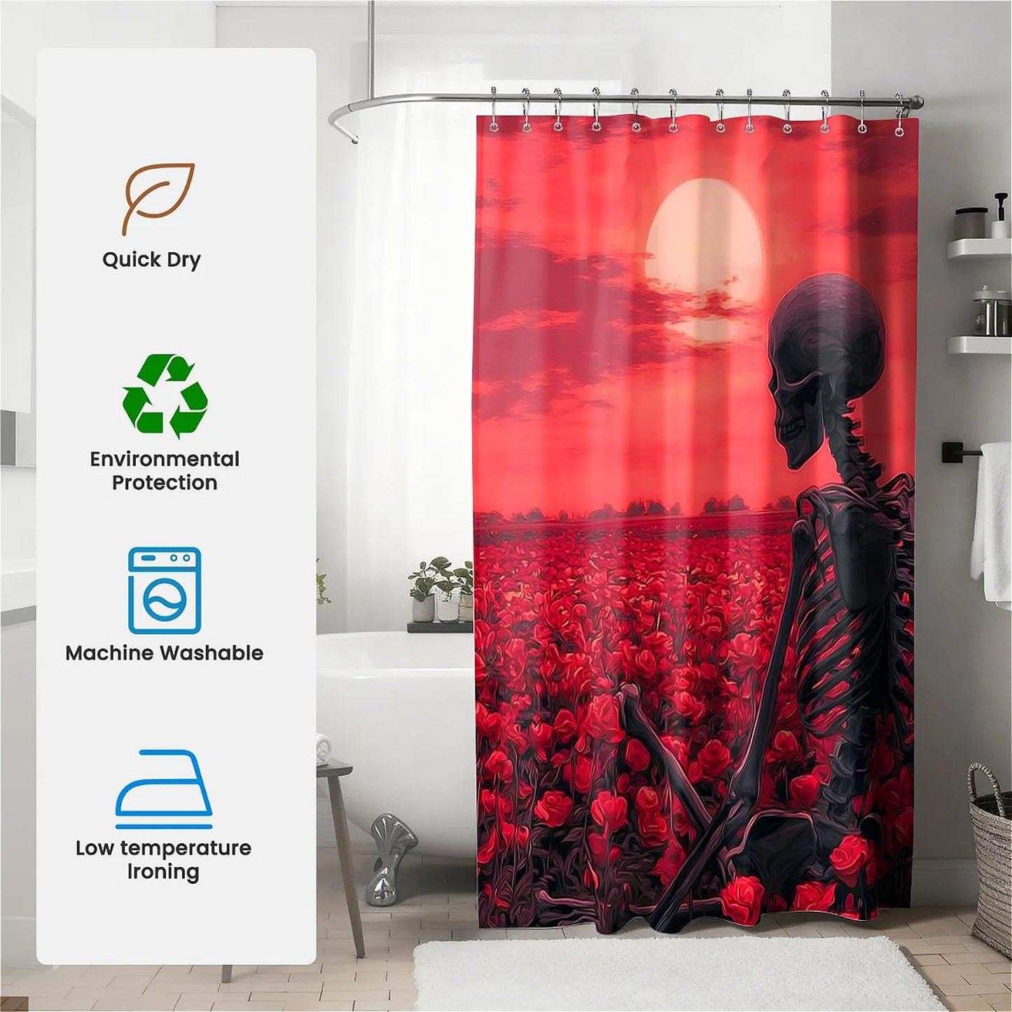 TANGXUNFA Solitary Skeleton Shower Curtain for Bathroom, Water-Resistant Long Shower Curtain Set 72x72 Inch with Metal Grommets and 12 Metal Hooks