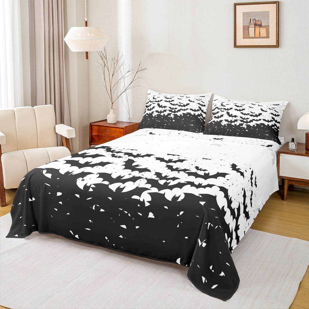 Black Bats Kids Sheet Full Size,Happy Halloween Before Christmas Bedding Set,Boys Girls Adults Room Decor,Halloween Holiday Black White Simple Bed Sheet Set 4pcs(Fitted + Flat + 2 Pillowcases)