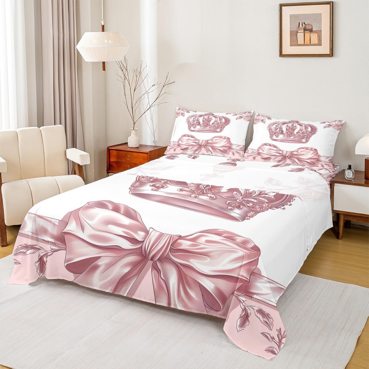 jejeloiu Bowknot Bed Sheets Set Twin Size Pink Bow Deep Pocket Fitted Sheet Colourful Bowknot Bedding Sets Bow-tie Soft Bed Set 3Pcs with 1 Pillow Cases