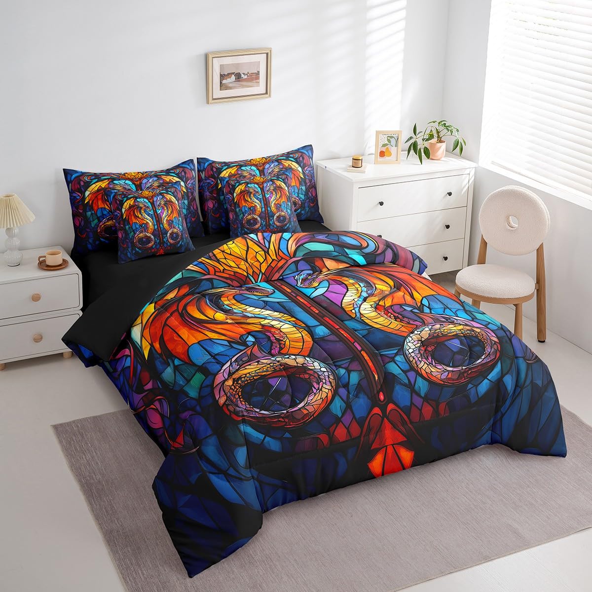 7 Pieces Retro Castle Stained Glass Comforter Set Queen,Magical Dragon Bed Set for Kids Boys Girls,Abstract Art Bedding(1 Comforter,1 Fitted Sheet,1 Flat Sheet,2 Pillowcases,2 Throw Pillow Cover)