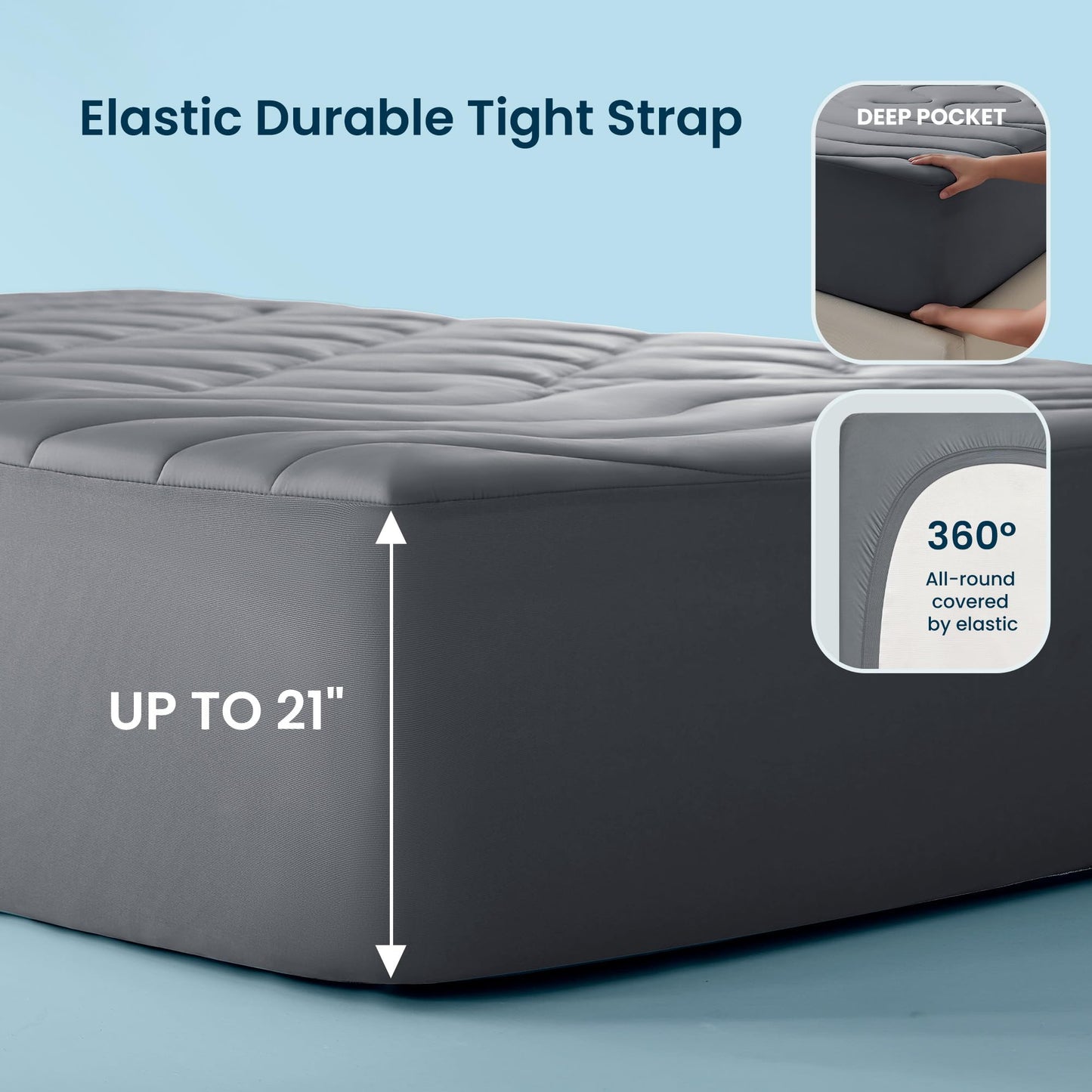 Sleep Zone Cooling Mattress Pad Twin XL, Support Mattress Topper, Breathable and Soft Mattress Protector, Deep Pocket Bed Cover, Machine Washable (Dark Grey, Twin XL)