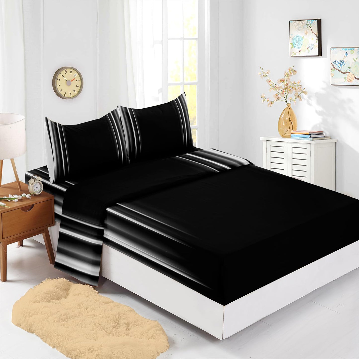 Nttopship White and Black 4 Pieces Bed Sheet SetsQUEEN Size Abstract Ombre Bedding Sets with 16" Deep Pockets Abstract Ombre Bedroom Decor,Bedding Set 4 PCS(1 Fitted+1 Flat+2 Pillowcases)