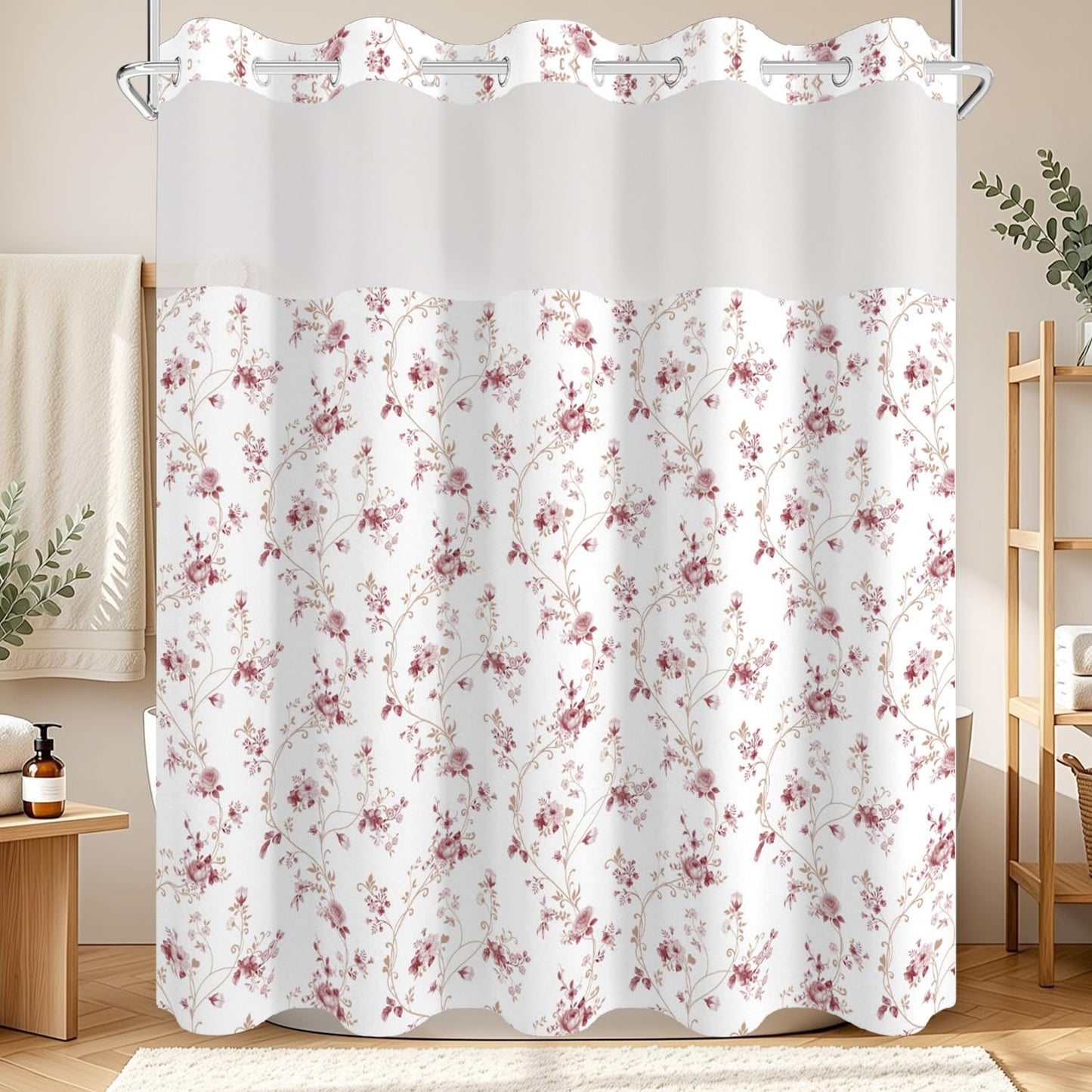 NAEMBCU Boho Floral No Hook Shower Curtain with Snap in Liner Set 71x74 in