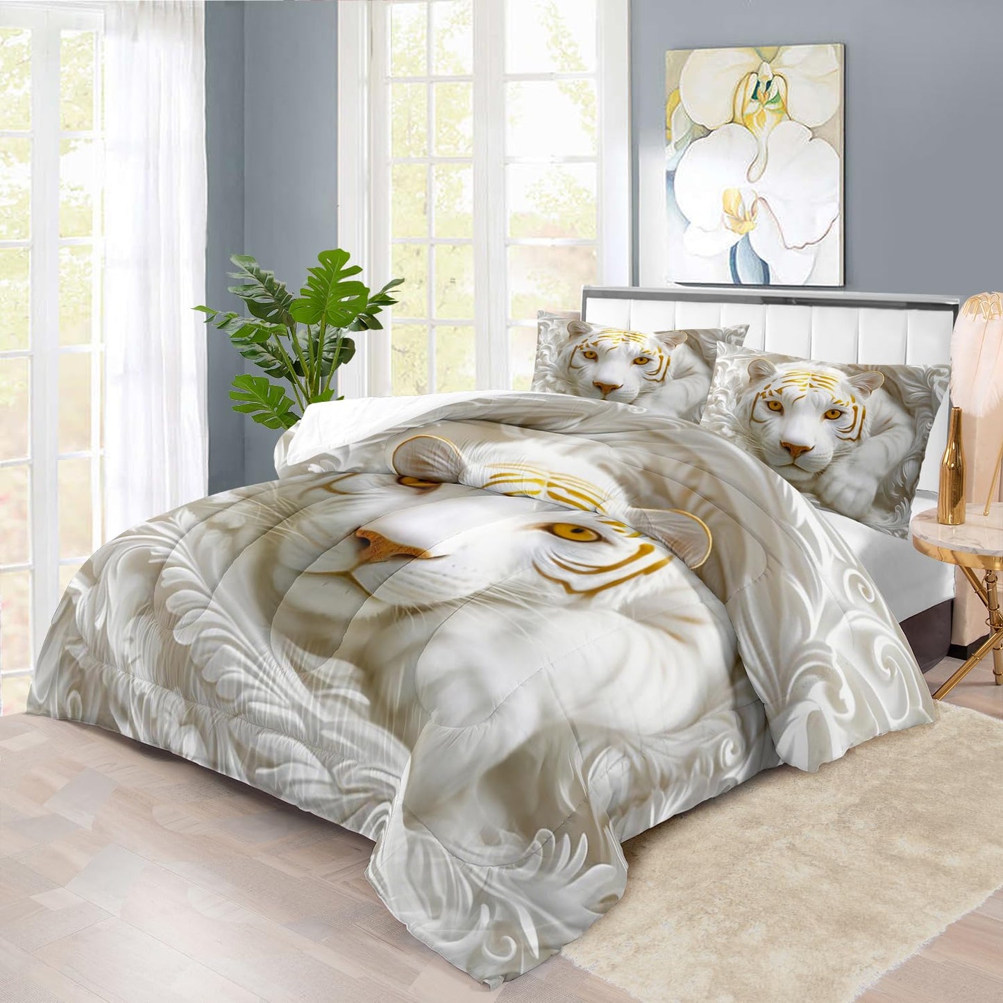 llyxsesty White Tiger Comforter Set Queen for Boys Relief Sculpture Bedding Set Teen Boys Animal Comforter Queen Quilt Girls Tiger Bedroom Decor African Animal Bedding White Lion Home Decor
