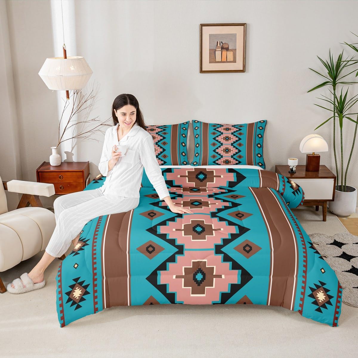 Feelyou Boho Aztec Kids Comforter Set Twin Size West Bedding Set Teel Brown Duvet Quilt for Kids Boys Girls Bedroom Western Decor Microfiber Ultra Soft Breathable
