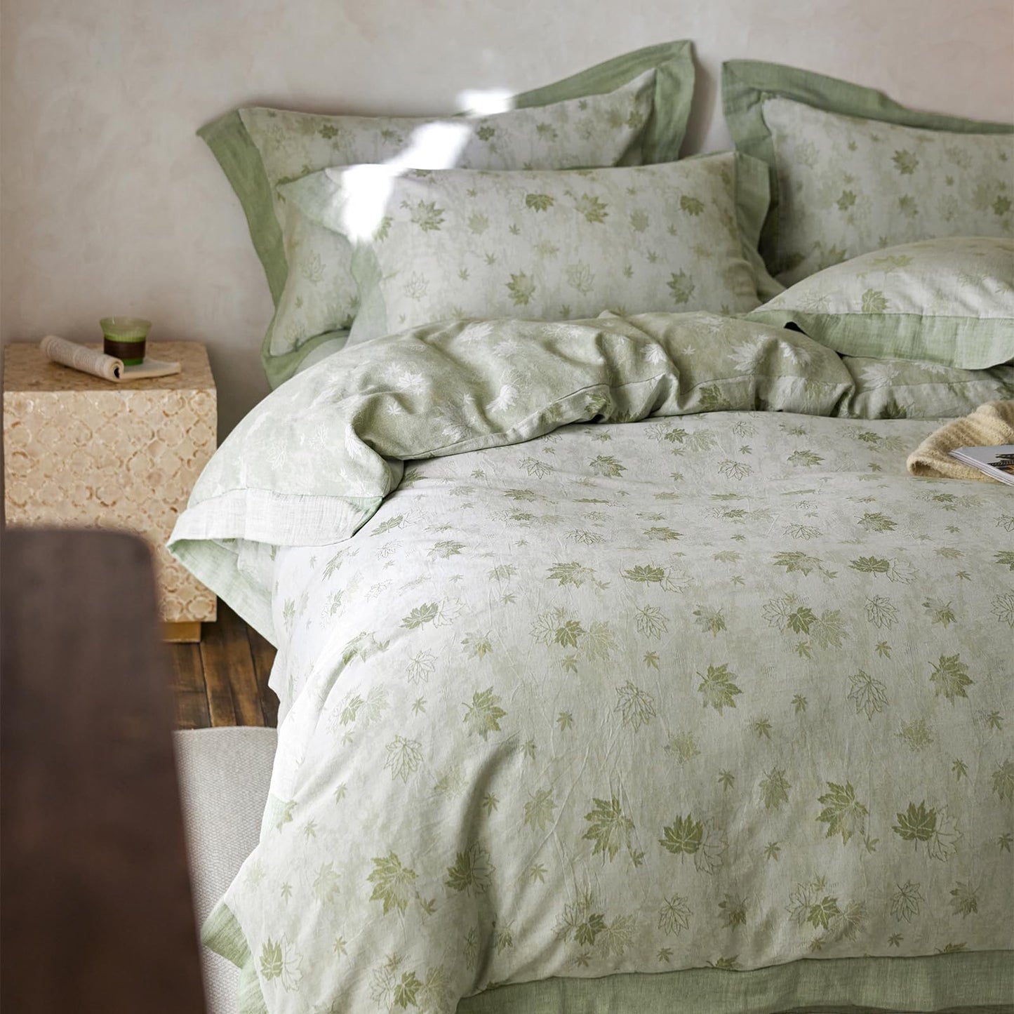 mixinni Yarn-Dyed Jacquard Duvet Cover King, Green Botanical Leaf Print 3-Piece Bedding Set with Wide Edge Piping, Soft Breathable Double Layer Gauze for All Seasons (1 Duvet Cover + 2 Pillowcases)