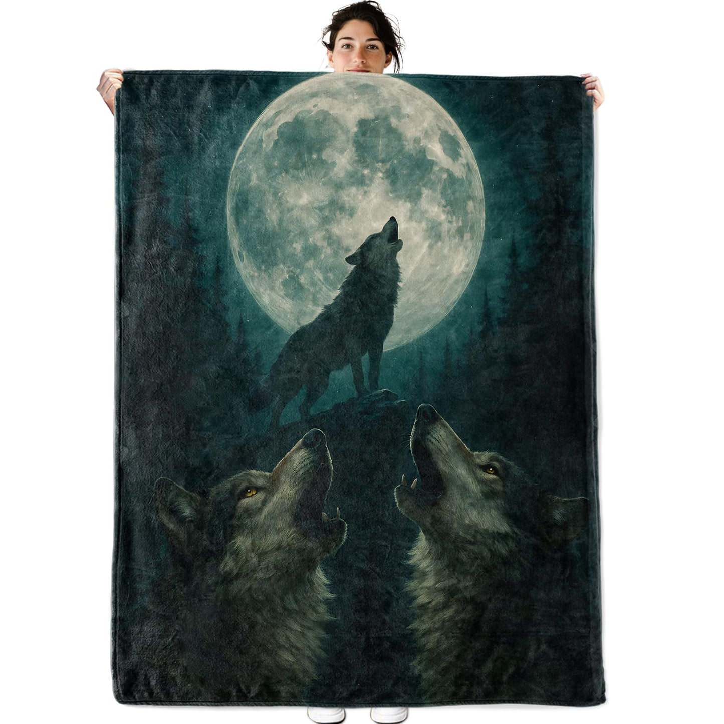 Wolves Moon Fleece Blanket for Boys Girls Kids, Cozy Soft Funny Night Forest Wolf Theme Theme Blankets Gifts for Women, Adults, for Bedroom, Travel, Camping, Sofa, Room Decor 50x60 in