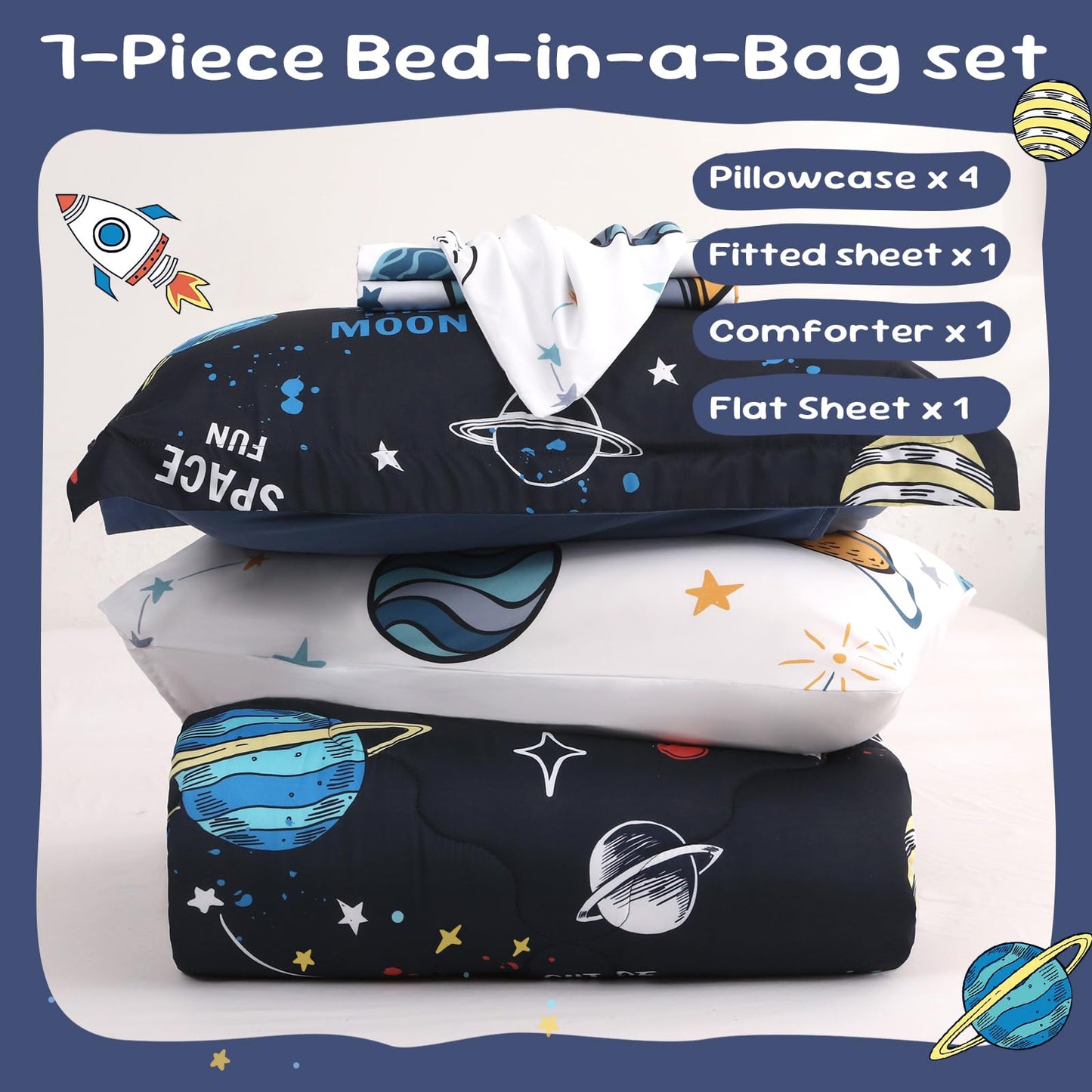 Wajade Kids Space Comforter Set Bed in A Bag Queen Size 7 Piece 3D Space Rocket Planets Bedding Set for Teens Boys Girls (1 Comforter, 1 Flat Sheet, 1 Fitted Sheet, 2 Pillowcase and 2 Pillow Sham)