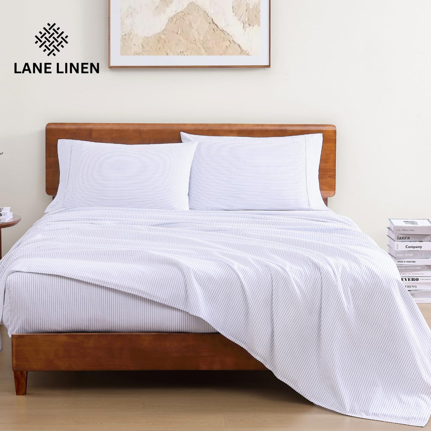 LANE LINEN 100% Organic Cotton Sheet Sets Queen Size, 4Pc Queen Size Cotton Sheets, Hotel Style Sheets, Bedding Sheets & Pillowcases, Queen Sheet Sets Deep Pockets Fits Upto 15" - Blue Ticking Stripe