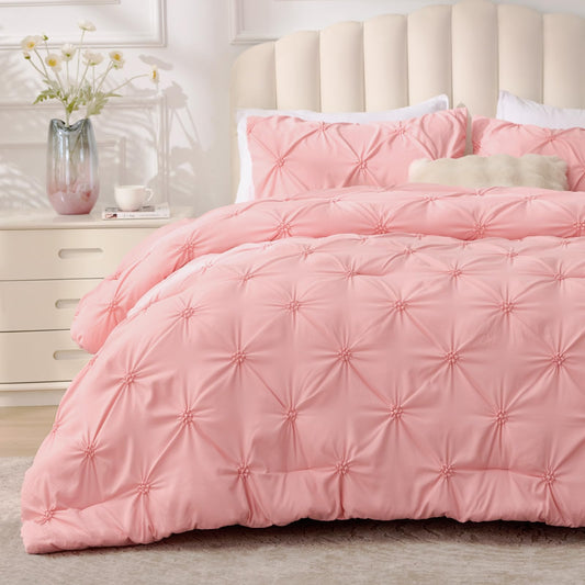 BEDELITE Pink Queen Comforter Set - 3 Pieces Boho Pintuck Bedding Comforter Sets, Lightweight Soft & Warm Bed Comforter with 2 Pillowcases for All Season,Valentines Day