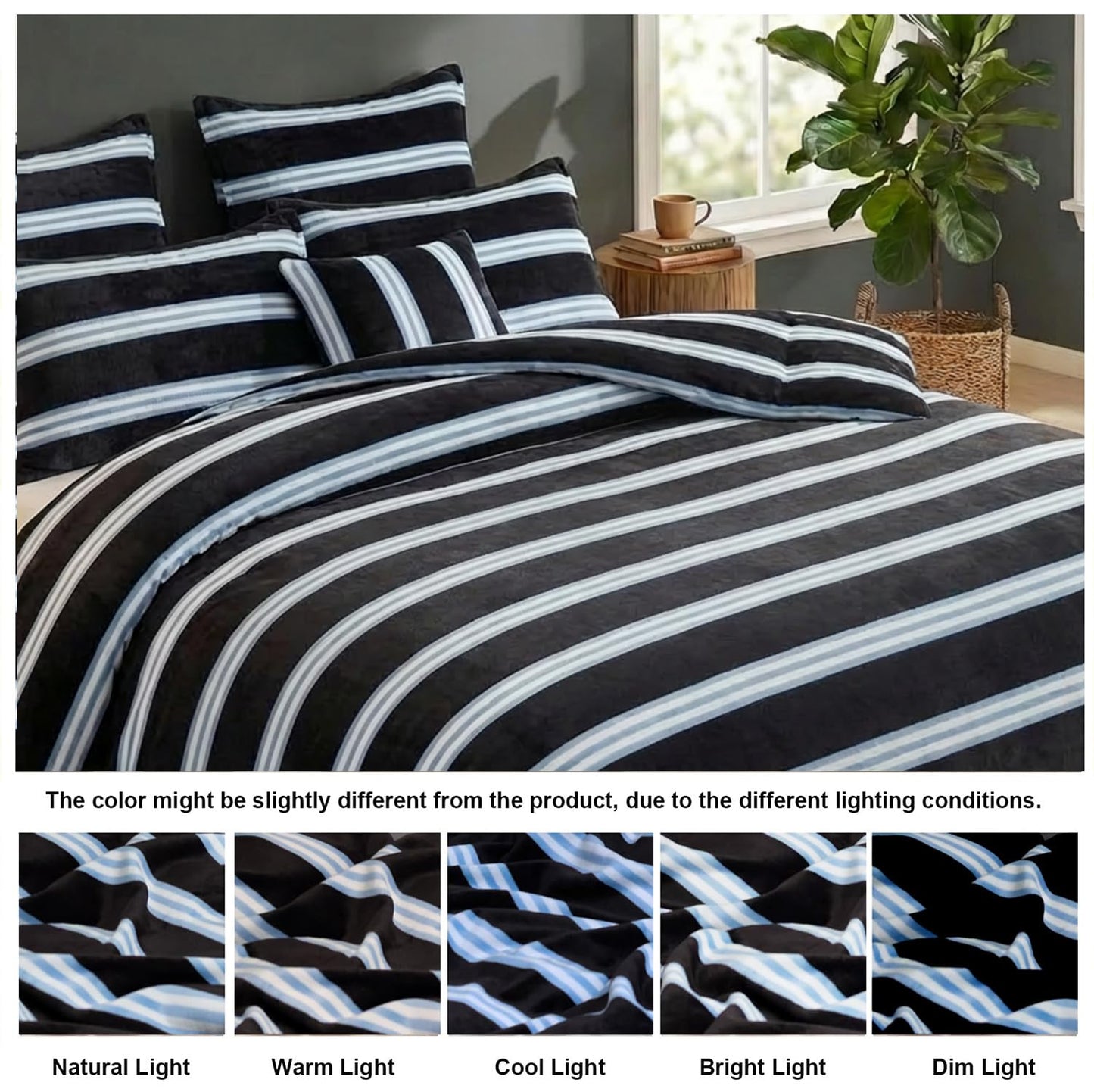 Bedbay Striped Comforter Set Fluffy Fleece King Comforter Set Soft Warm Flannel Velvet Comforter 3 Pcs Blue Black Striped Bedding Set Modern Stripes Pattern King Bed Set for All Seasons