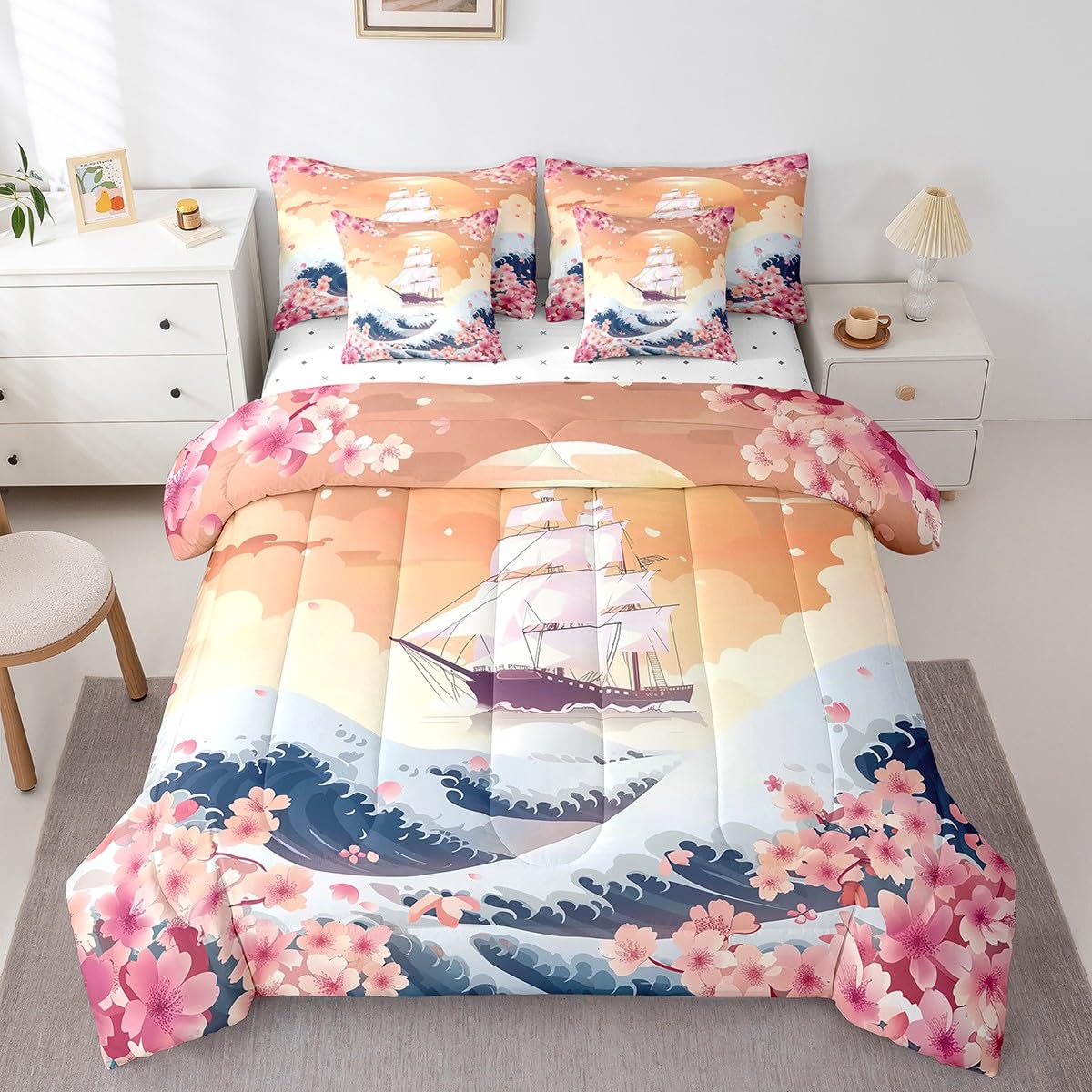 Erosebridal Japanese Ocean Waves Queen Bedding Set,Nautical Sailboat Comforter Set 7 Piece,Pink Cherry Blossom Bed in a Bag Sailing Boat Pirate Bed Set with Fitted Sheet,Flat Sheet,Pillowcases