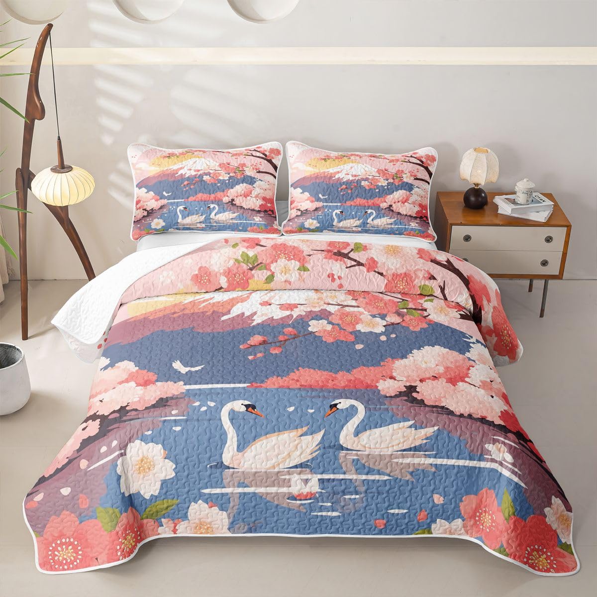 Erosebridal Pink Japanese Quilt Twin Size - Japanese Cherry Blossom Bedspread Mount Fuji White Crane Bed Coverlet with 1 Pillowcase