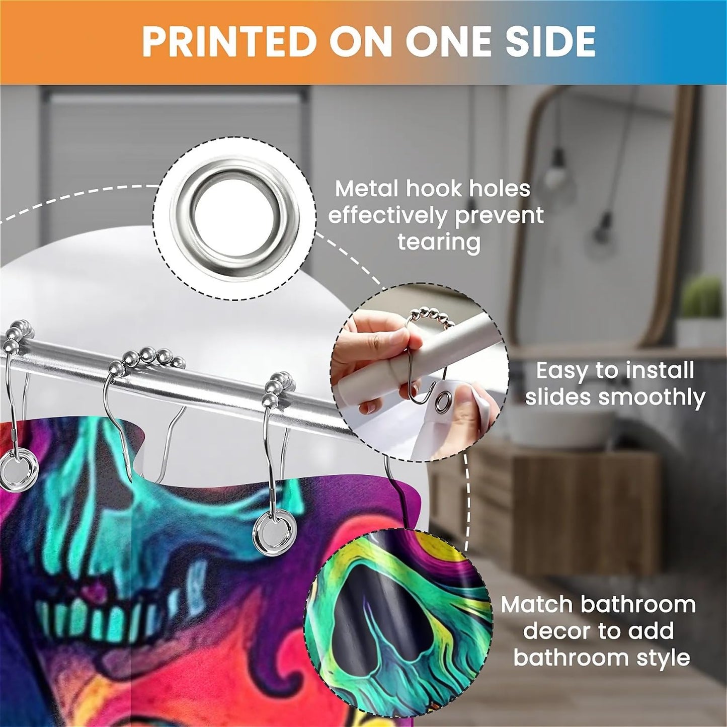 TANGXUNFA Psychedelic-Cartoon-Evil-Skull Shower Curtain for Bathroom, Water-Resistant Long Shower Curtain Set 72x72 Inch with Metal Grommets and 12 Metal Hooks