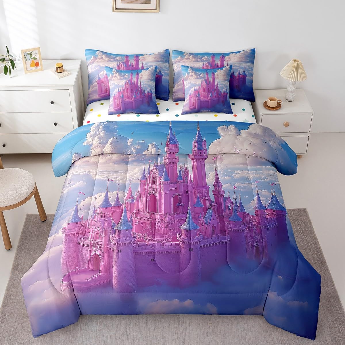 Erosebridal Princess Castle Comforter Set King,Girls Dreamy Fairy Tale Bedding Set 7Pcs for Kids Boys Teens,Fantasy Sky Cloud Bed in a Bag