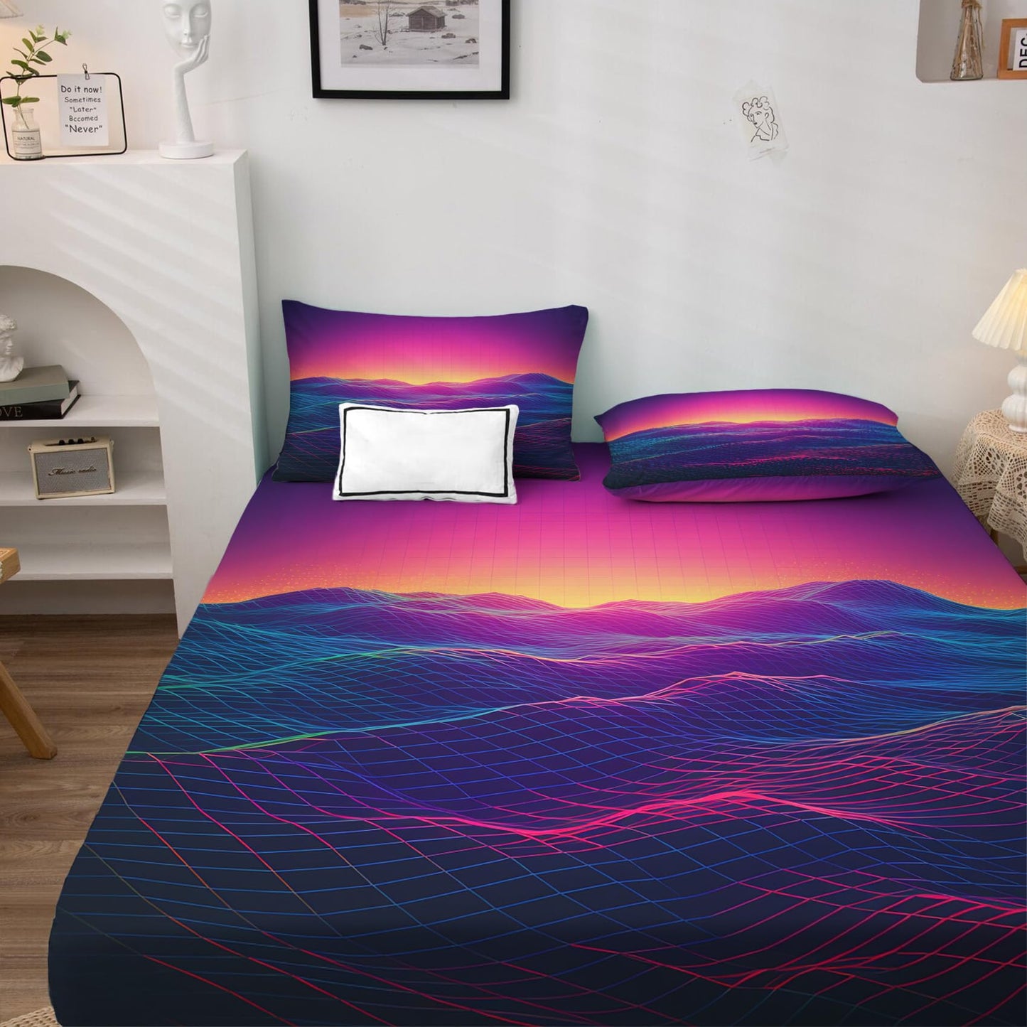 THYUNQ Neon Wave Sheets Queen Size Bed, Vaporwave Pattern Sheet Set & Bedroom Decor - 16 Inch Deep Pocket, Super Soft Microfiber Bedding Sheets & Pillowcases 4 Piece