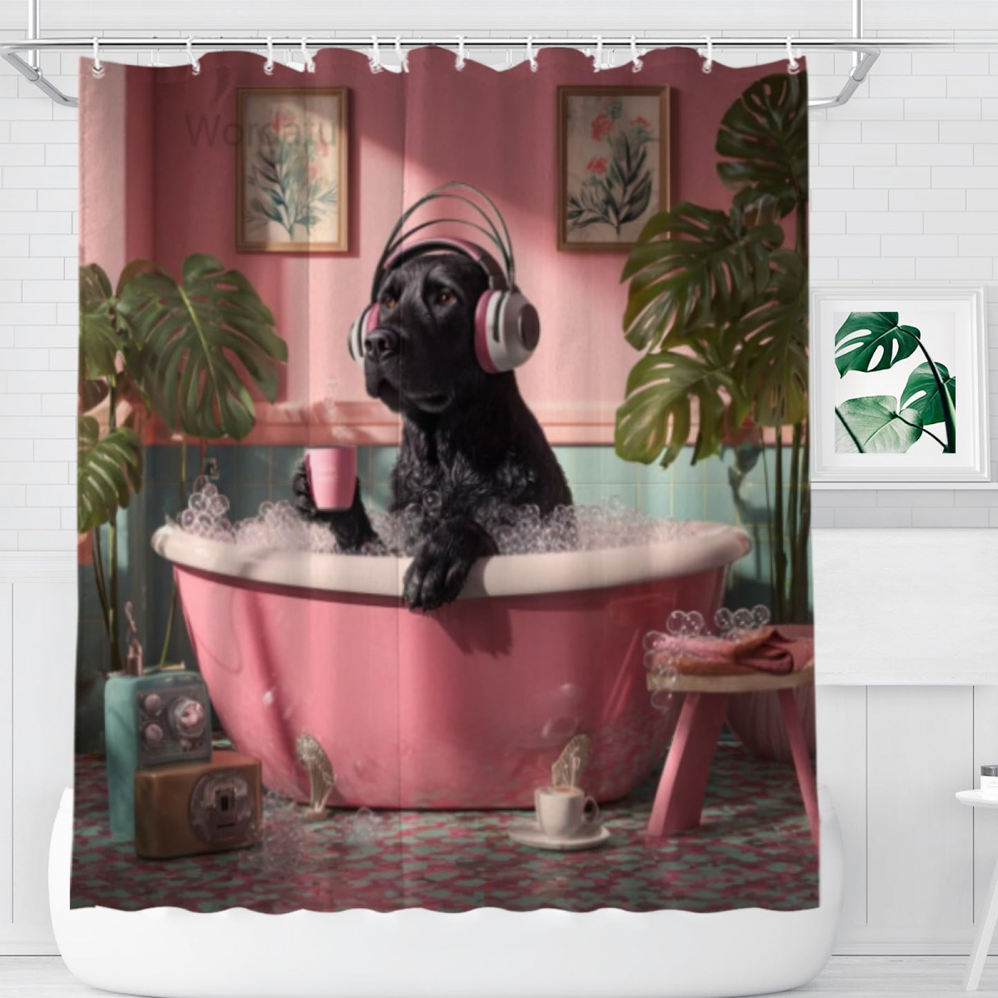 Wordatu Black Labrador Dog Shower Curtain Kids Cute Fun Pet in Bathtub Tropical Leaves Palm Leaf Plant Greenery Bathroom Decor Fabric Polyester Waterproof 72x72 Inch