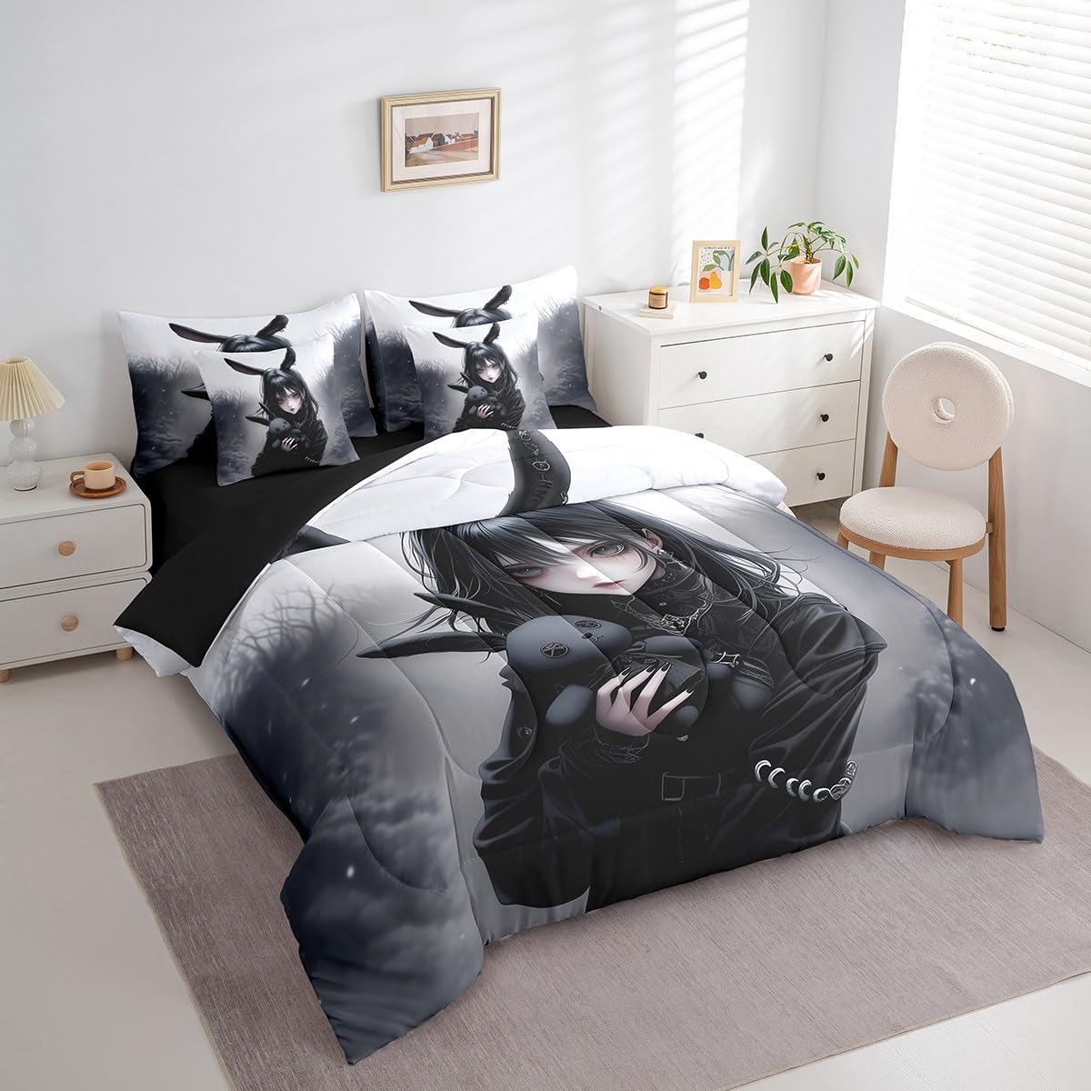 Anime Comforter Set 7 Pieces 3D Japanese Girl Bedding Set Twin,Anime Gifts Sheet Set for Girls,Gothic Cartoon Rabbit Print Sheet Set With Comforter Exotic Style Bed In A Bag for Room Decor,Black