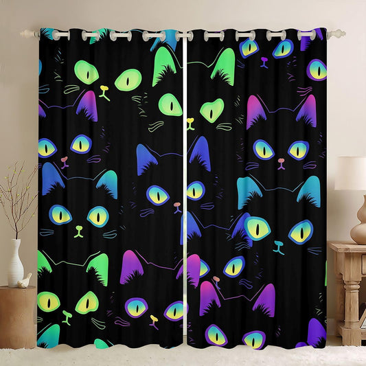 Feelyou Cartoon Cat Curtain for Bedroom Children Pet Cats Darkening Window Dreapes Cute Kitten Neon Light Blackout Curtains() Decor 3D Animal Cat Lover's Window Treatments (2 Panels, 52 x 84 Inch)