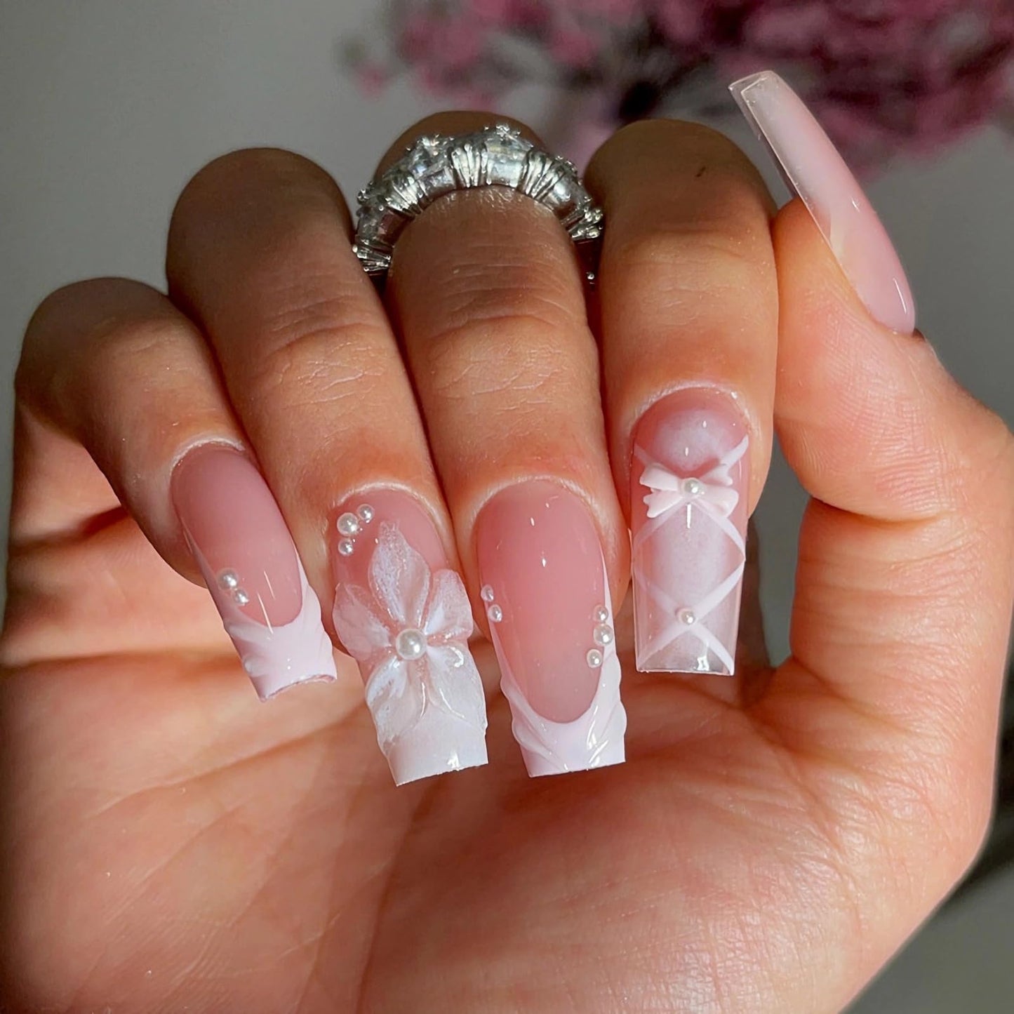 MERVF Press on Nails Long Square, White Ombre French Tip Fake Nails Flower Bow 3D Pearls Design Glue ons Winter Acrylic Nail Glossy 24pcs