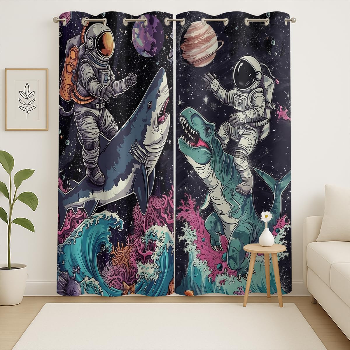Naiice Funny Astronaut Blackout Curtains for Girls Boys Home Decor, Fantasy Dinosaur Shark Galaxy Grommet Thermal Insulated Drapes Darkening Window Curtain for Bedroom Living Room, 42 x 45 Inch