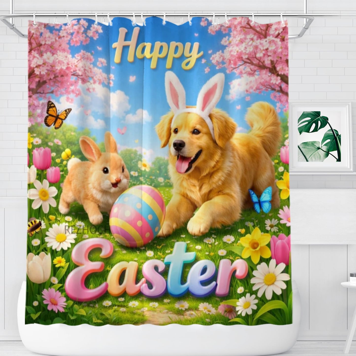 REZHOCH Easter Funny Golden Retriever Shower Curtain 72x72 Inch,Spring Garden Home Bathroom Decor,Cute Bunny Easter Eggs Floral Farmhouse Waterproof Fabric Holiday Bath Set with Hooks