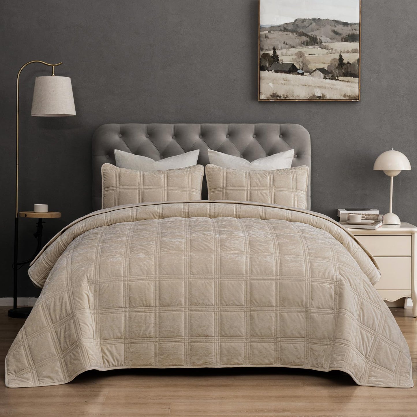PHF Ultra Soft Velvet Quilt Set Queen Size – 3PCS Luxurious Cozy Quilted Comforter Alternative with Diamond Pattern, Warm Quilted Bedspread Coverlet, 90" x 92", Oxford Tan