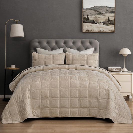 PHF Ultra Soft Velvet Quilt Set Queen Size – 3PCS Luxurious Cozy Quilted Comforter Alternative with Diamond Pattern, Warm Quilted Bedspread Coverlet, 90" x 92", Oxford Tan