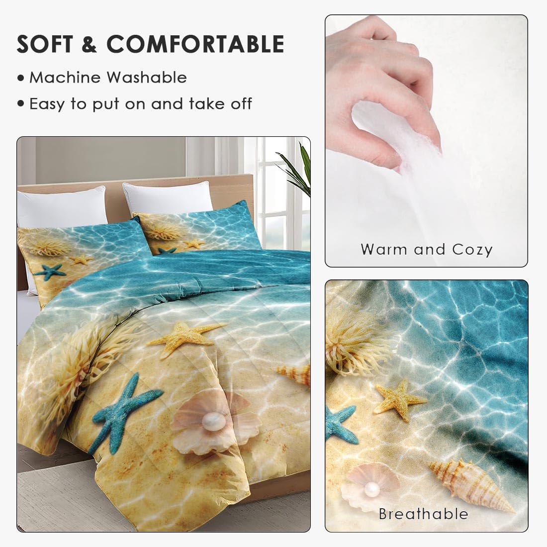 WeCozy Queen Size Comforter Set with 2 Pillowcases, Summer Marine Seashell Starfish Beach Ocean Soft 3 Pcs Bedding for Kids and Adults Bedroom Bed Decor